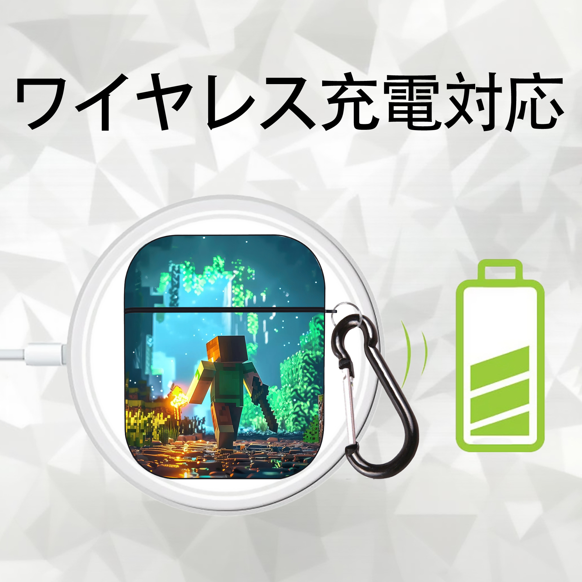 マインクラフト ブロックの世界 Minecraft MC Block world AirPods 第2世代保護ケース ハードシェル ブラック 耐衝撃・防指紋・カラビナ付き