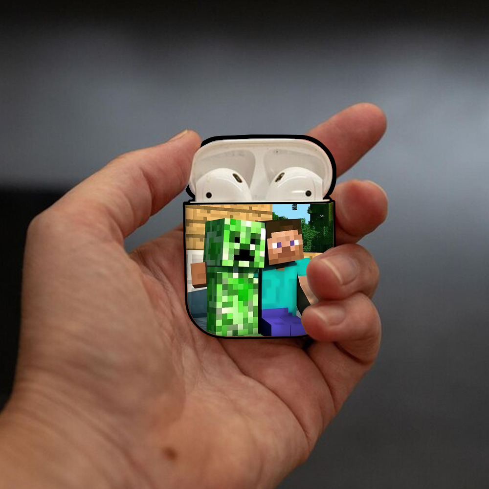 マインクラフト ブロックの世界 Minecraft MC Block world AirPods 第2世代保護ケース ハードシェル ブラック 耐衝撃・防指紋・カラビナ付き
