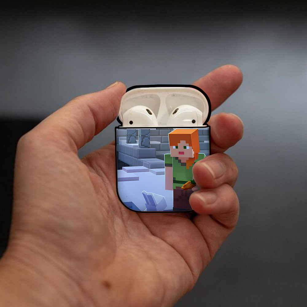 マインクラフト ブロックの世界 Minecraft MC Block world AirPods 第2世代保護ケース ハードシェル ブラック 耐衝撃・防指紋・カラビナ付き
