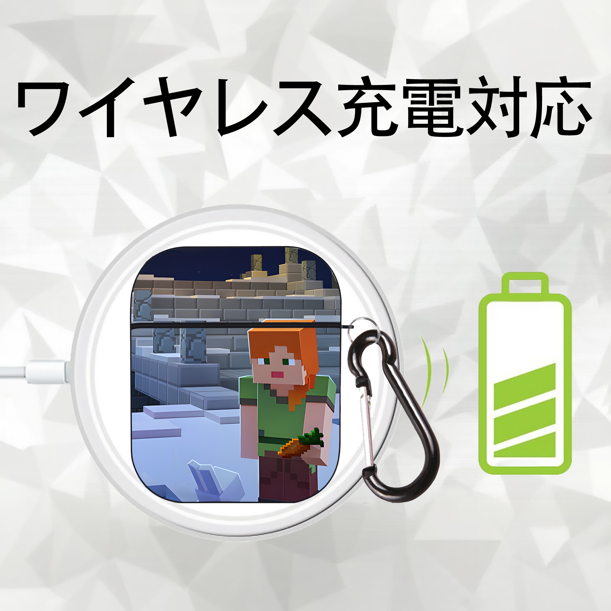 マインクラフト ブロックの世界 Minecraft MC Block world AirPods 第2世代保護ケース ハードシェル ブラック 耐衝撃・防指紋・カラビナ付き
