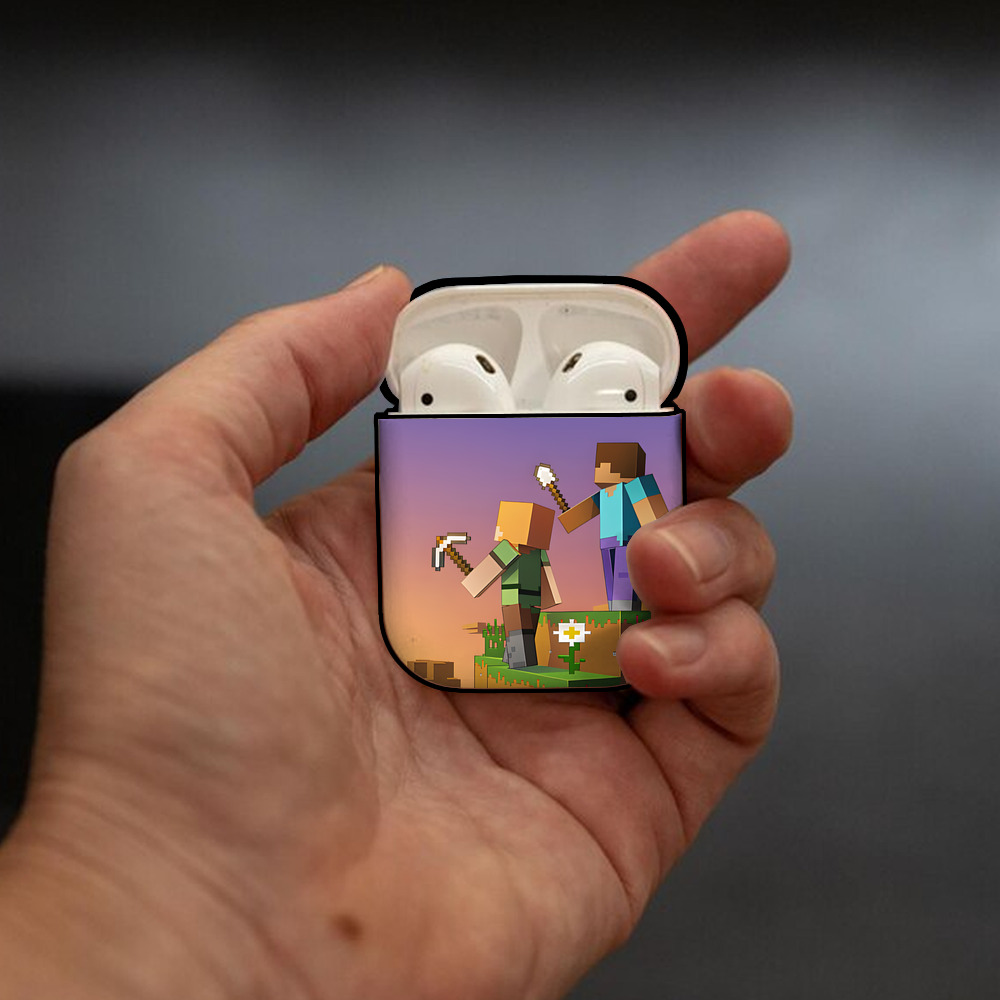 マインクラフト ブロックの世界 Minecraft MC Block world AirPods 第2世代保護ケース ハードシェル ブラック 耐衝撃・防指紋・カラビナ付き
