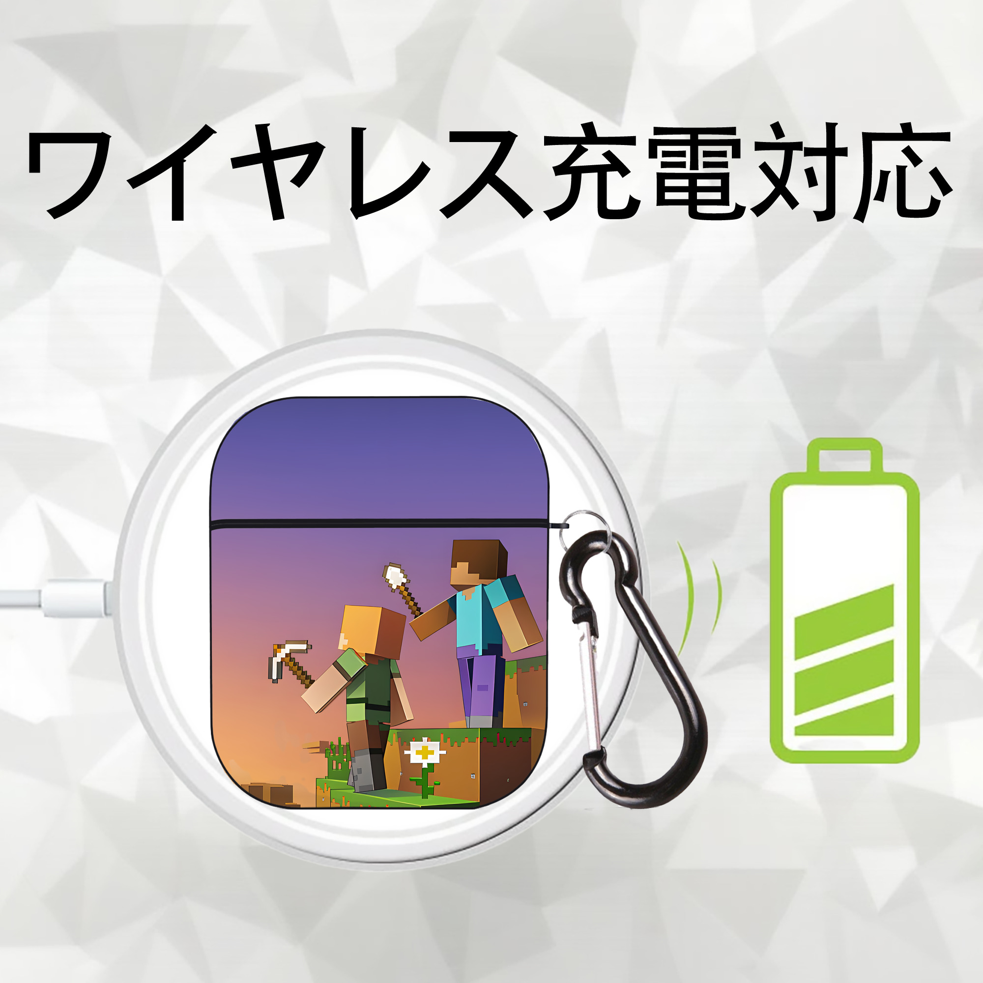 マインクラフト ブロックの世界 Minecraft MC Block world AirPods 第2世代保護ケース ハードシェル ブラック 耐衝撃・防指紋・カラビナ付き
