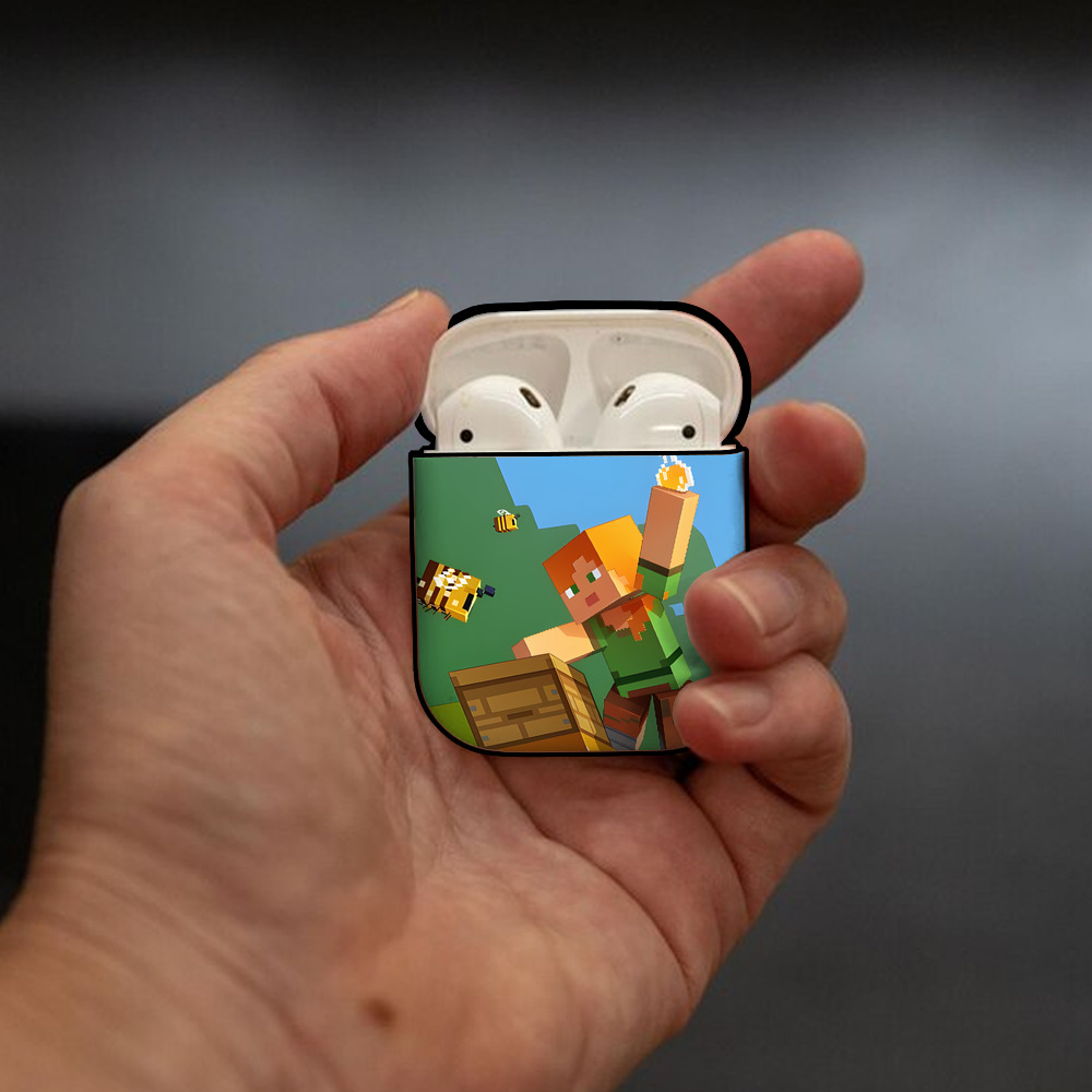 マインクラフト ブロックの世界 Minecraft MC Block world AirPods 第2世代保護ケース ハードシェル ブラック 耐衝撃・防指紋・カラビナ付き