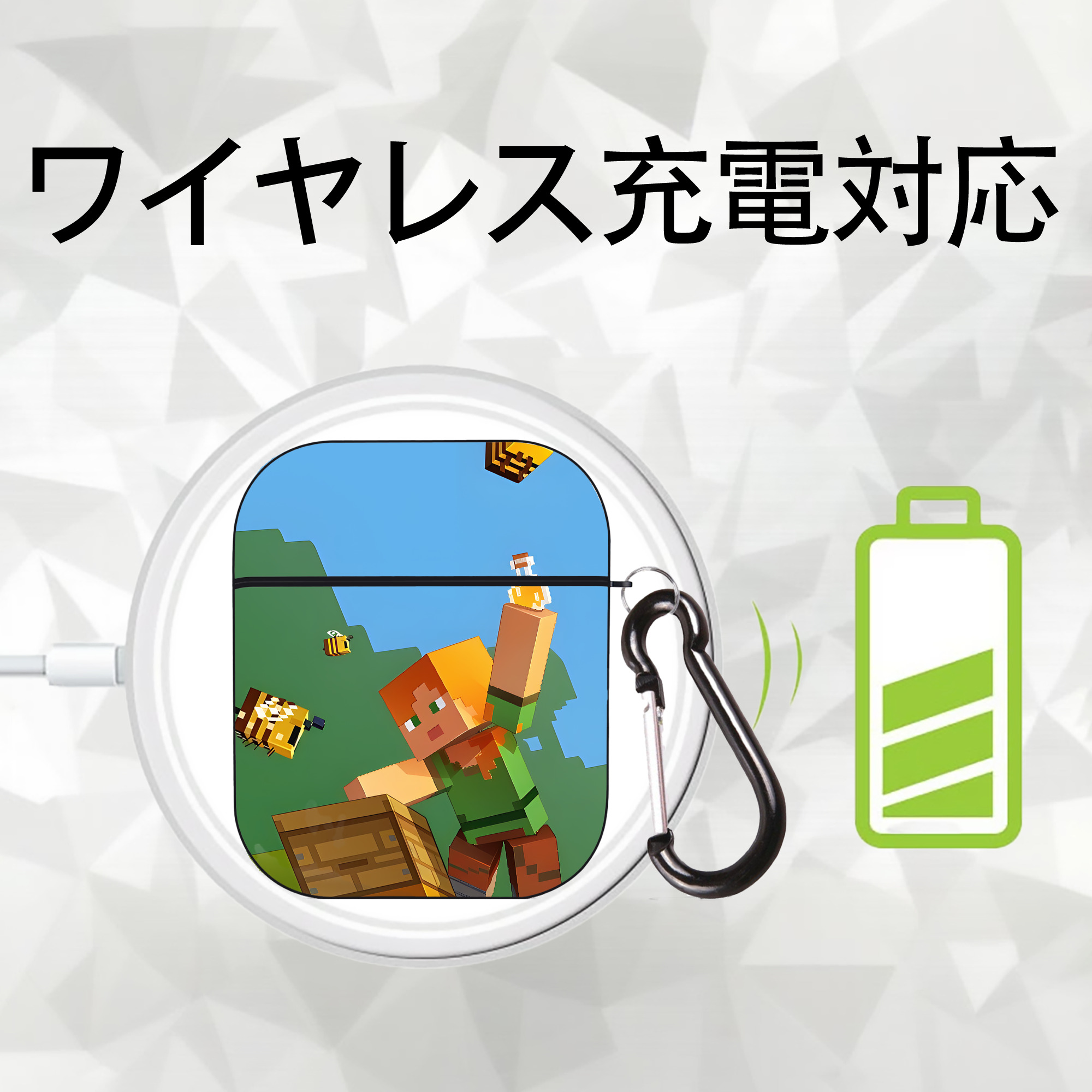 マインクラフト ブロックの世界 Minecraft MC Block world AirPods 第2世代保護ケース ハードシェル ブラック 耐衝撃・防指紋・カラビナ付き