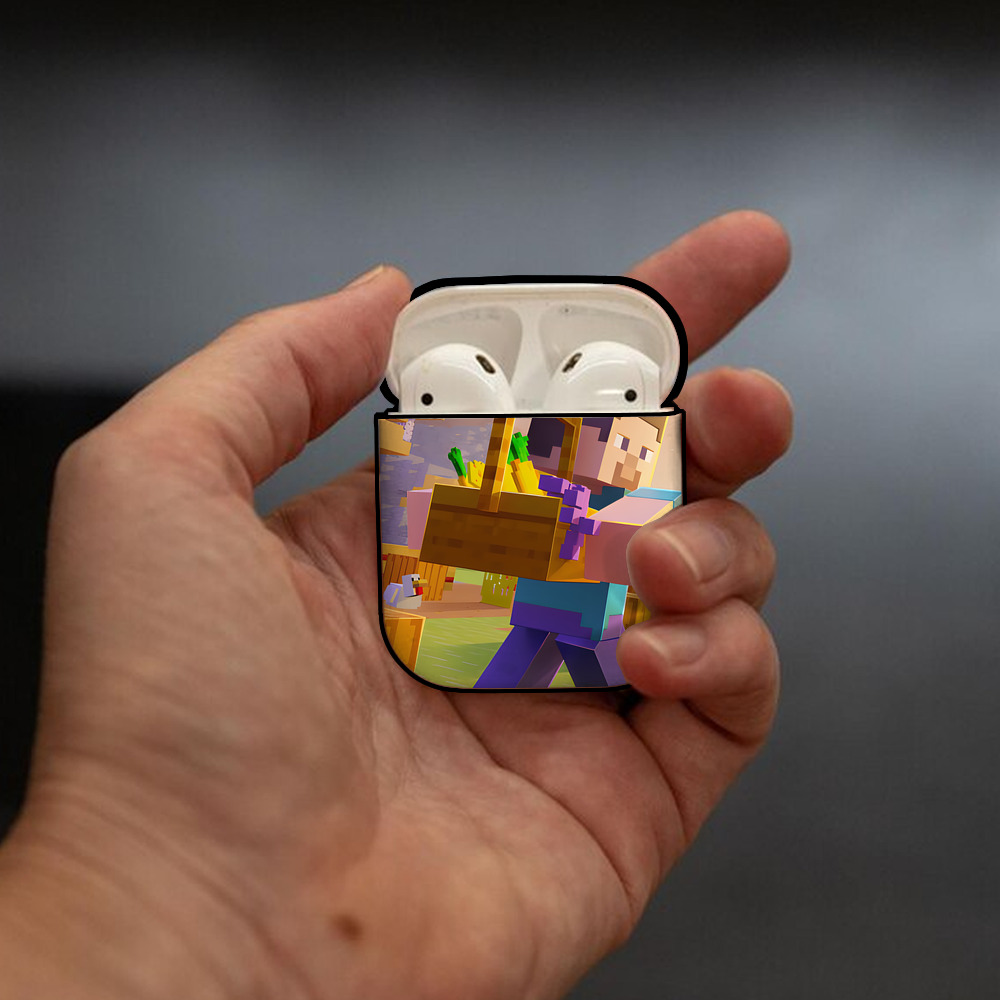 マインクラフト ブロックの世界 Minecraft MC Block world AirPods 第2世代保護ケース ハードシェル ブラック 耐衝撃・防指紋・カラビナ付き