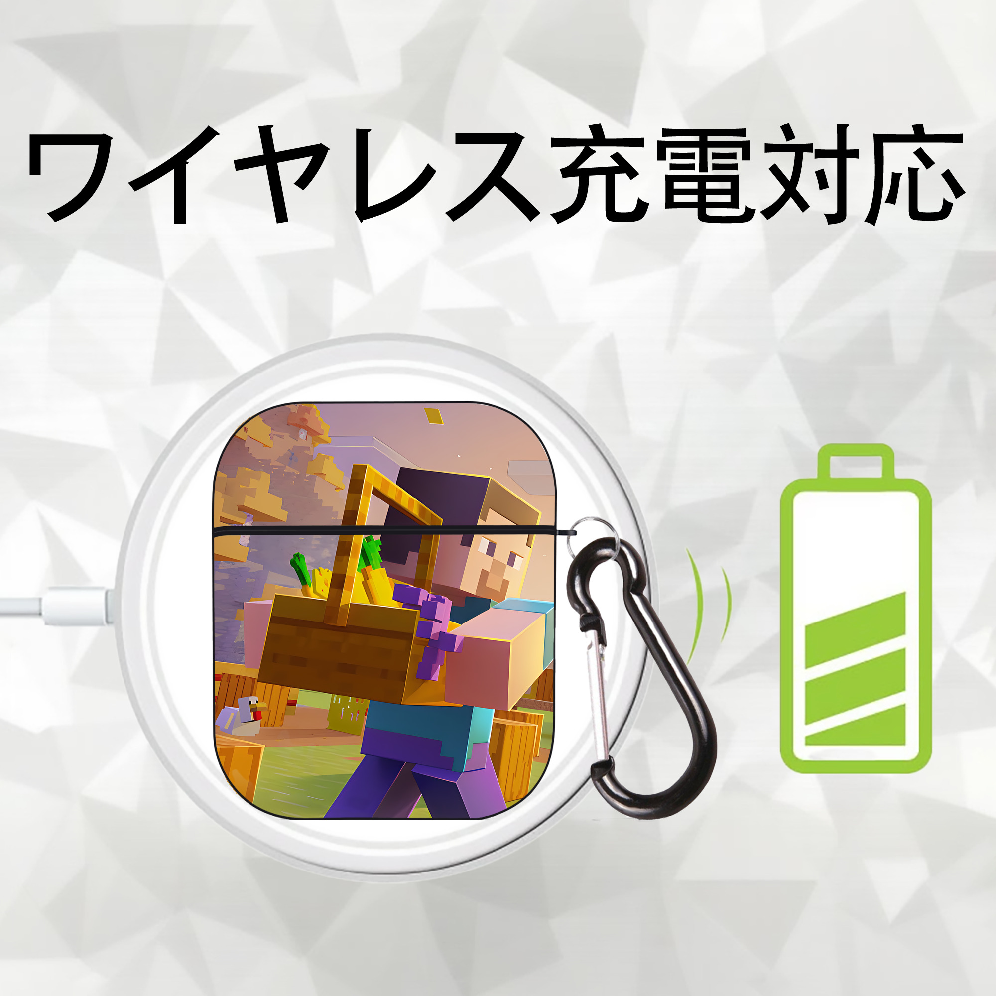 マインクラフト ブロックの世界 Minecraft MC Block world AirPods 第2世代保護ケース ハードシェル ブラック 耐衝撃・防指紋・カラビナ付き