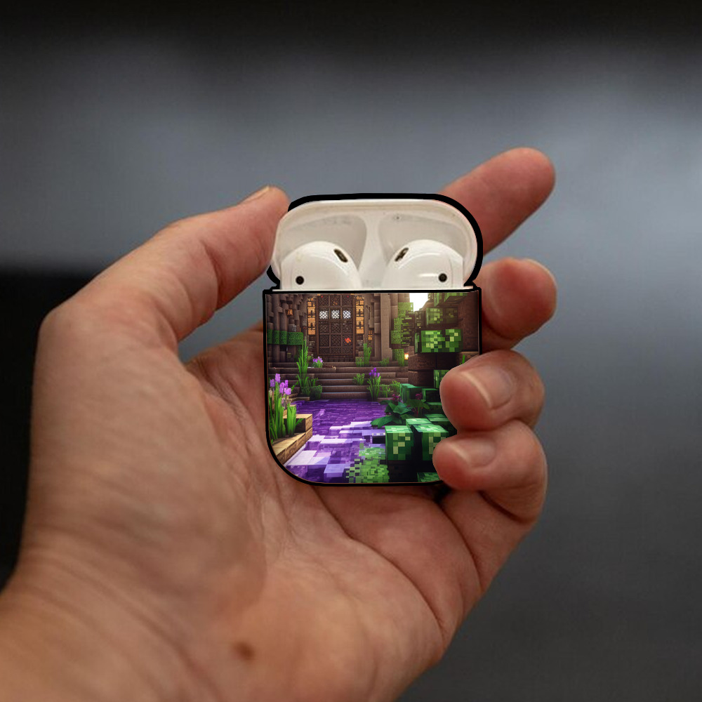 マインクラフト ブロックの世界 Minecraft MC Block world AirPods 第2世代保護ケース ハードシェル ブラック 耐衝撃・防指紋・カラビナ付き