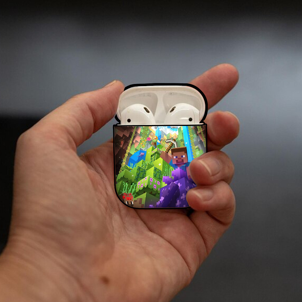 マインクラフト ブロックの世界 Minecraft MC Block world AirPods 第2世代保護ケース ハードシェル ブラック 耐衝撃・防指紋・カラビナ付き