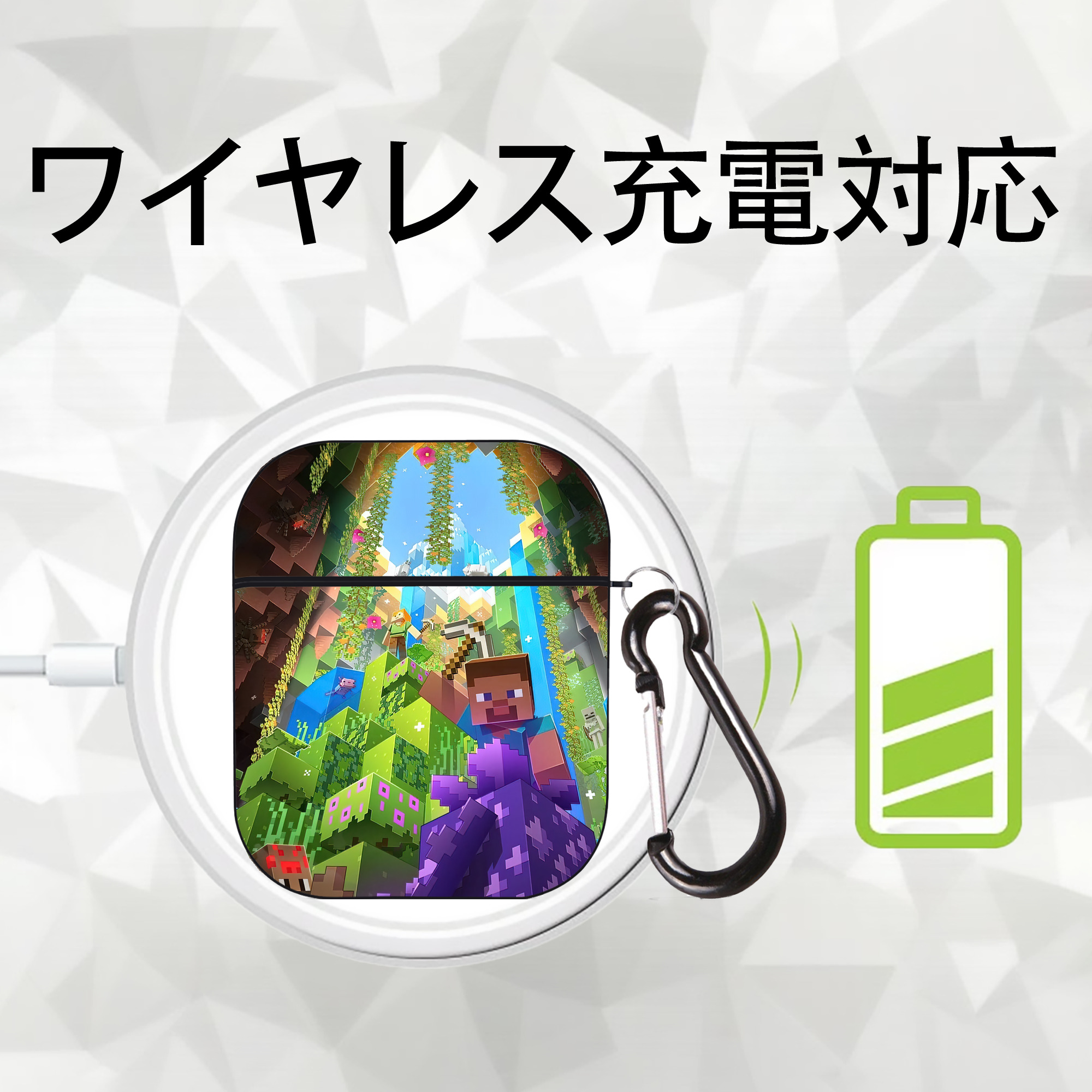 マインクラフト ブロックの世界 Minecraft MC Block world AirPods 第2世代保護ケース ハードシェル ブラック 耐衝撃・防指紋・カラビナ付き