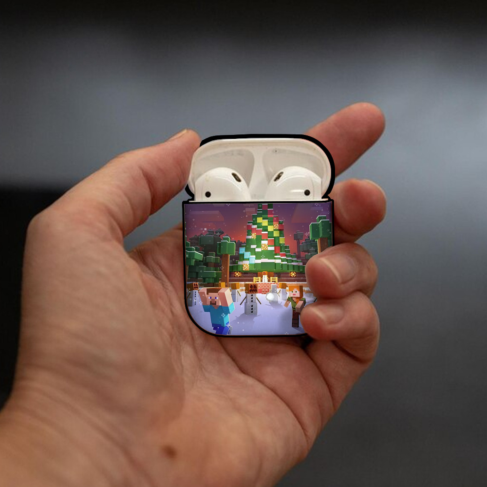 マインクラフト ブロックの世界 Minecraft MC Block world AirPods 第2世代保護ケース ハードシェル ブラック 耐衝撃・防指紋・カラビナ付き