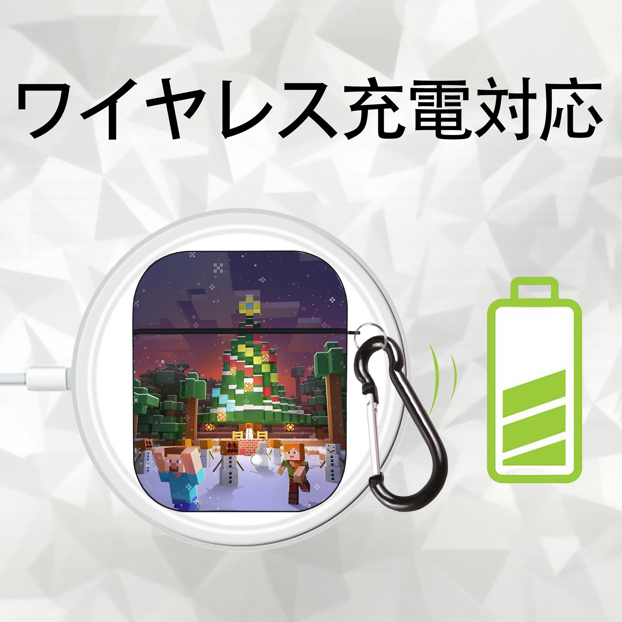マインクラフト ブロックの世界 Minecraft MC Block world AirPods 第2世代保護ケース ハードシェル ブラック 耐衝撃・防指紋・カラビナ付き