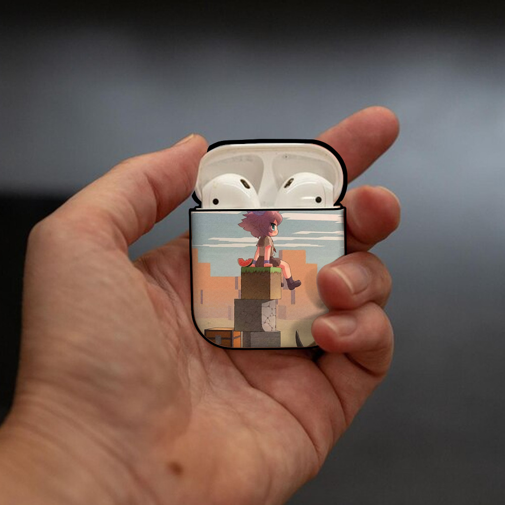 マインクラフト ブロックの世界 Minecraft MC Block world AirPods 第2世代保護ケース ハードシェル ブラック 耐衝撃・防指紋・カラビナ付き