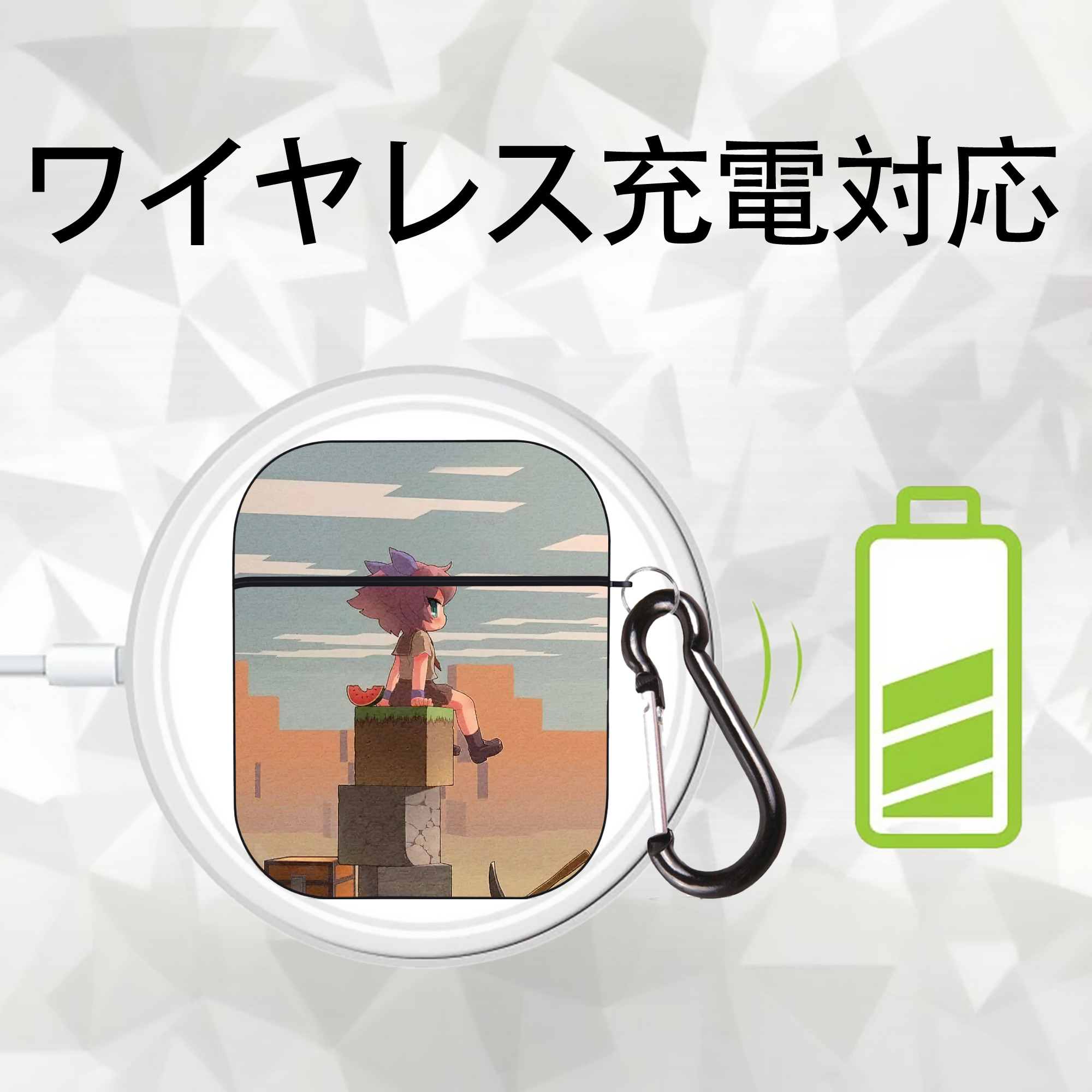 マインクラフト ブロックの世界 Minecraft MC Block world AirPods 第2世代保護ケース ハードシェル ブラック 耐衝撃・防指紋・カラビナ付き