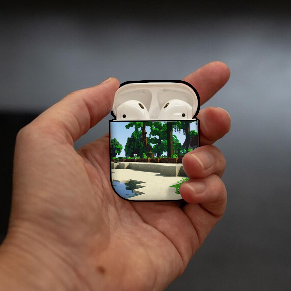 マインクラフト ブロックの世界 Minecraft MC Block world AirPods 第2世代保護ケース ハードシェル ブラック 耐衝撃・防指紋・カラビナ付き