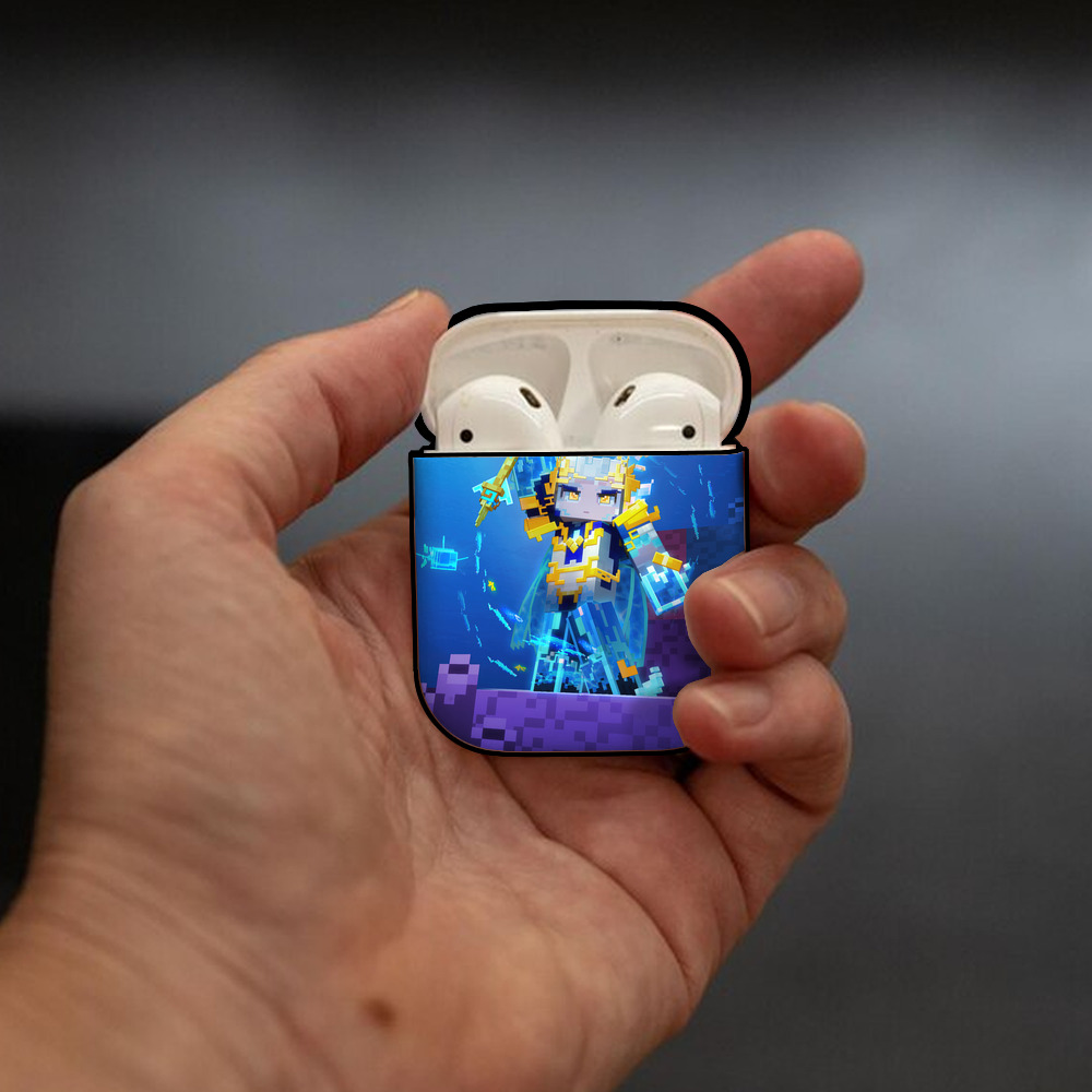 マインクラフト ブロックの世界 Minecraft MC Block world AirPods 第2世代保護ケース ハードシェル ブラック 耐衝撃・防指紋・カラビナ付き
