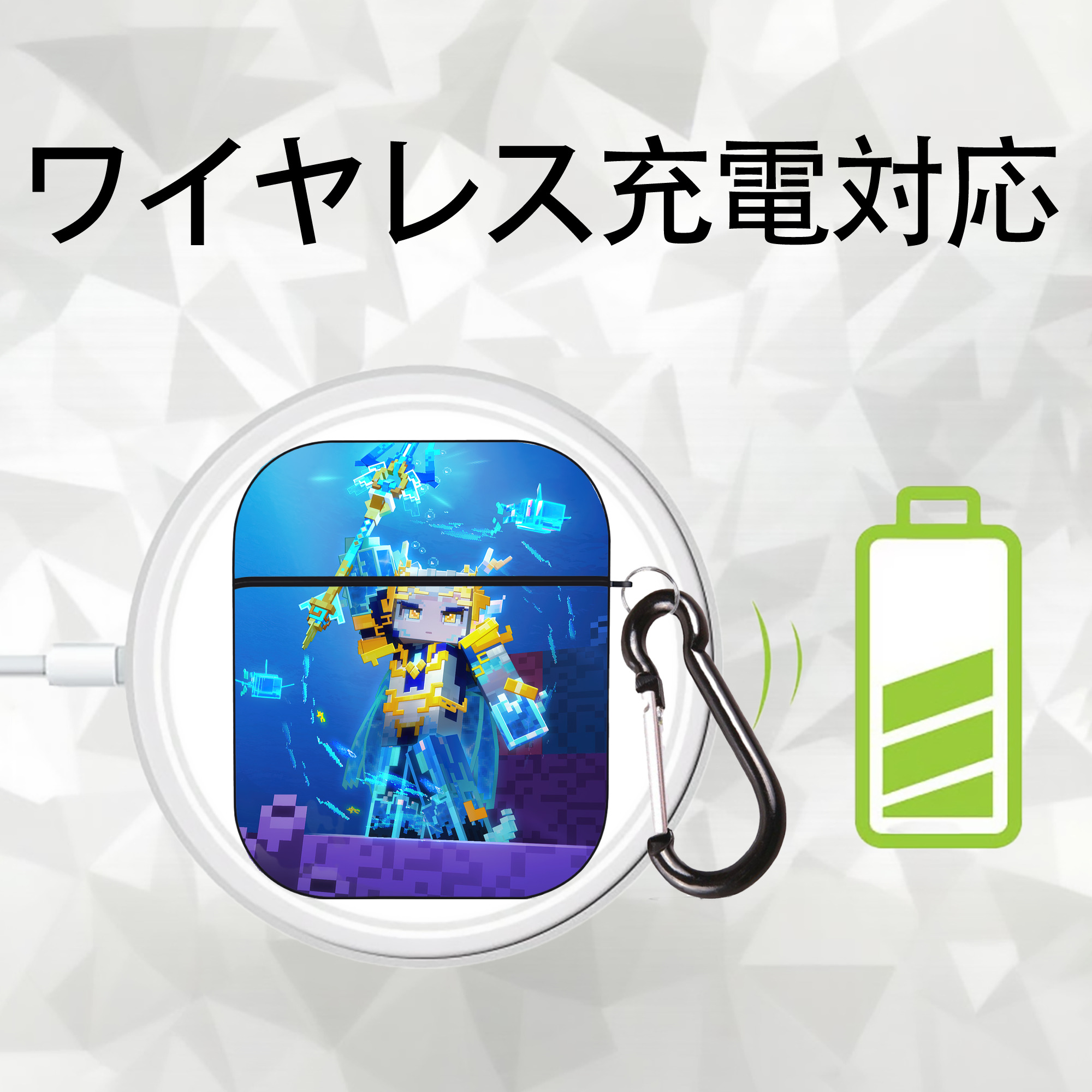 マインクラフト ブロックの世界 Minecraft MC Block world AirPods 第2世代保護ケース ハードシェル ブラック 耐衝撃・防指紋・カラビナ付き