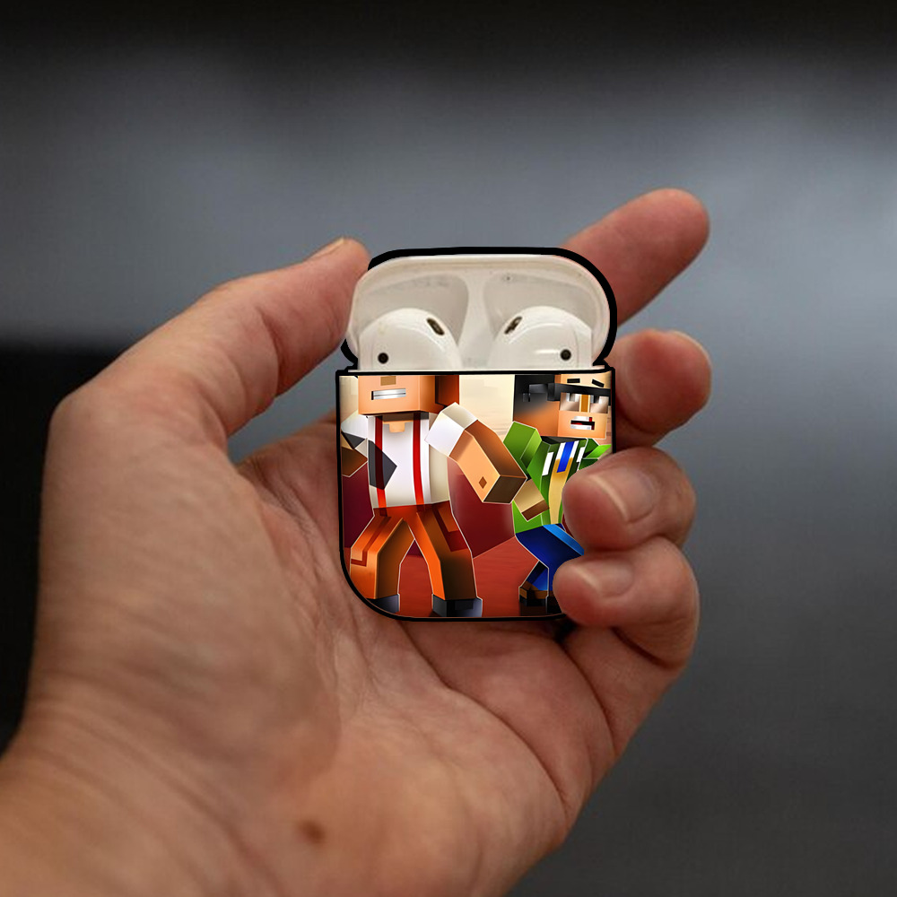 マインクラフト ブロックの世界 Minecraft MC Block world AirPods 第2世代保護ケース ハードシェル ブラック 耐衝撃・防指紋・カラビナ付き