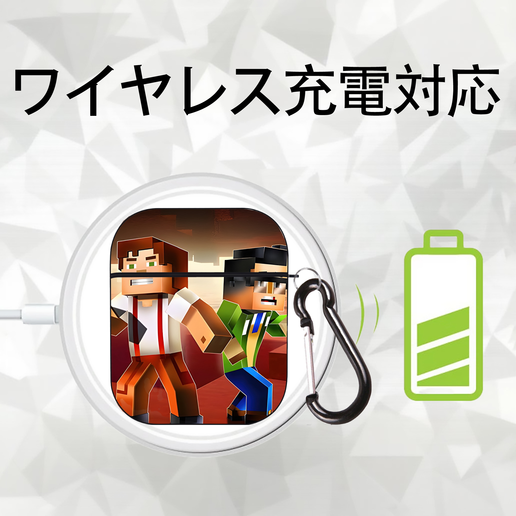 マインクラフト ブロックの世界 Minecraft MC Block world AirPods 第2世代保護ケース ハードシェル ブラック 耐衝撃・防指紋・カラビナ付き