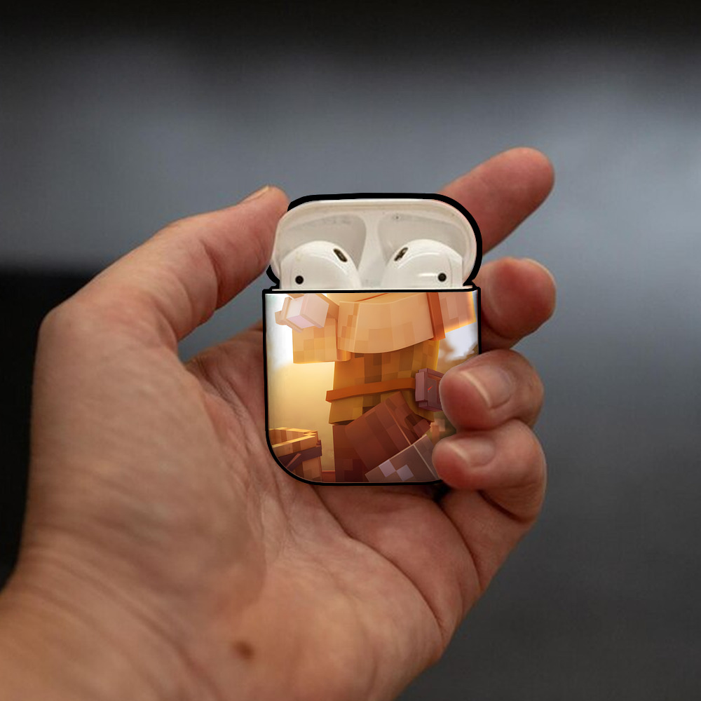マインクラフト ブロックの世界 Minecraft MC Block world AirPods 第2世代保護ケース ハードシェル ブラック 耐衝撃・防指紋・カラビナ付き