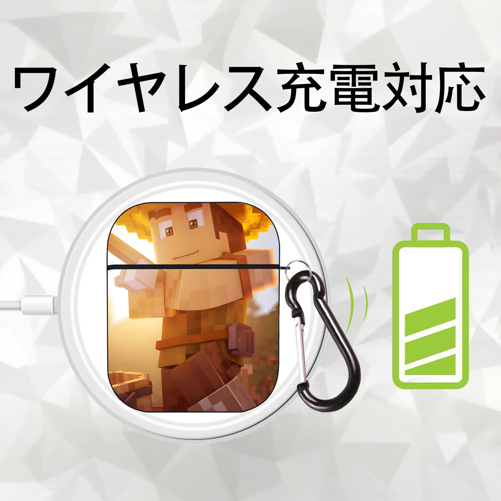 マインクラフト ブロックの世界 Minecraft MC Block world AirPods 第2世代保護ケース ハードシェル ブラック 耐衝撃・防指紋・カラビナ付き