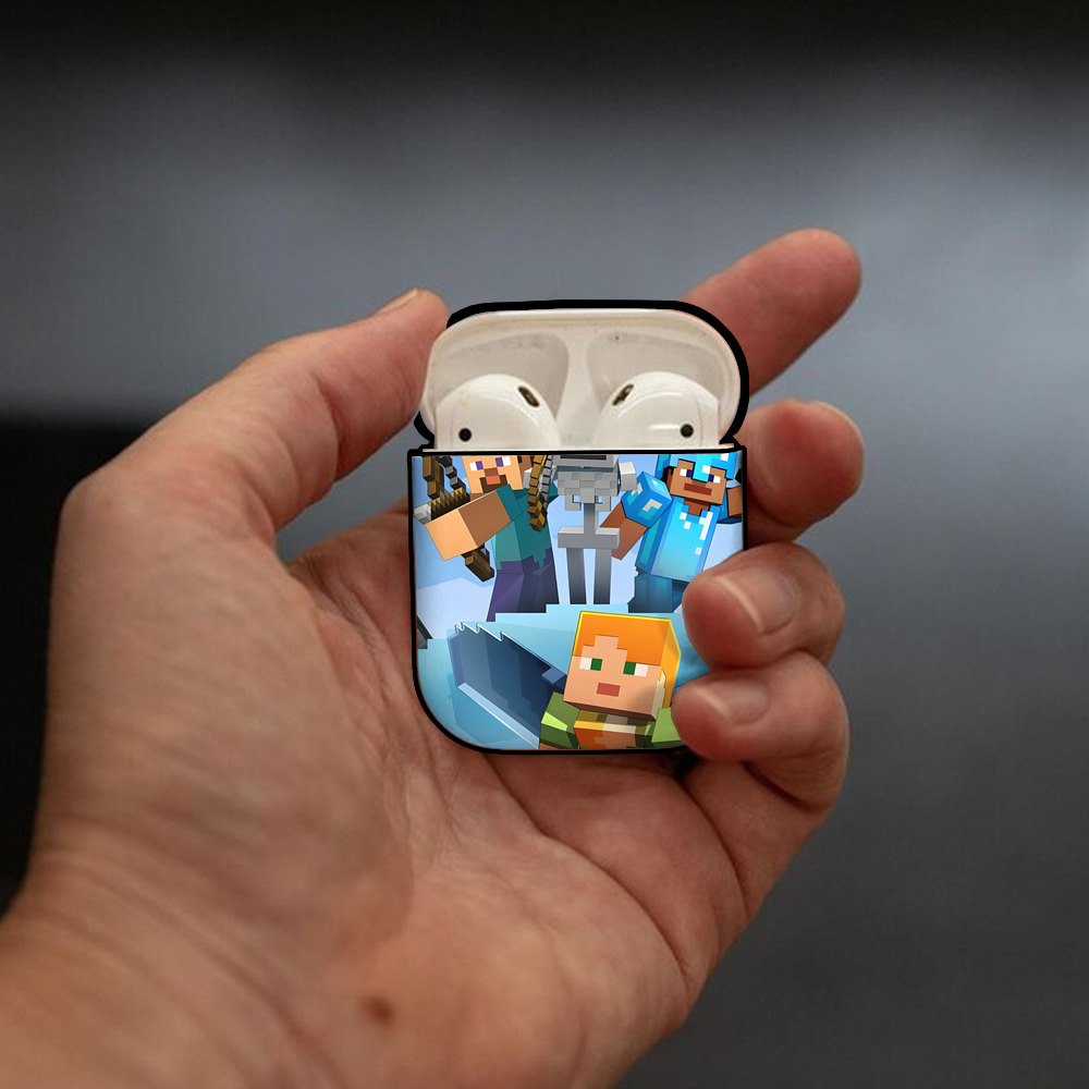マインクラフト ブロックの世界 Minecraft MC Block world AirPods 第2世代保護ケース ハードシェル ブラック 耐衝撃・防指紋・カラビナ付き