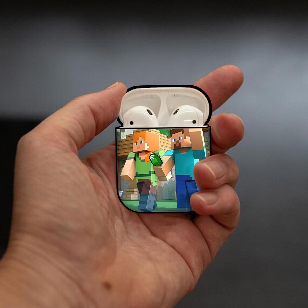 マインクラフト ブロックの世界 Minecraft MC Block world AirPods 第2世代保護ケース ハードシェル ブラック 耐衝撃・防指紋・カラビナ付き