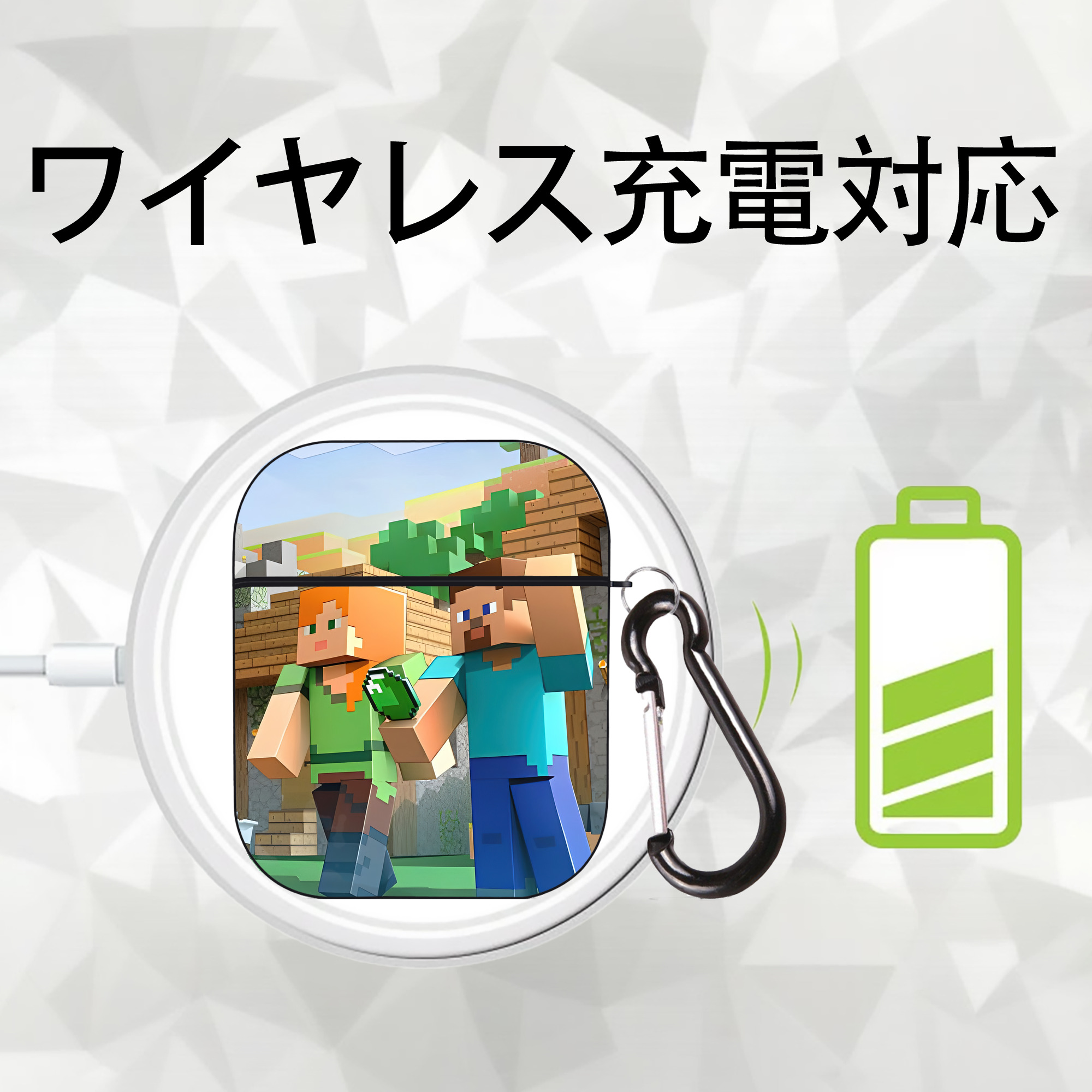 マインクラフト ブロックの世界 Minecraft MC Block world AirPods 第2世代保護ケース ハードシェル ブラック 耐衝撃・防指紋・カラビナ付き