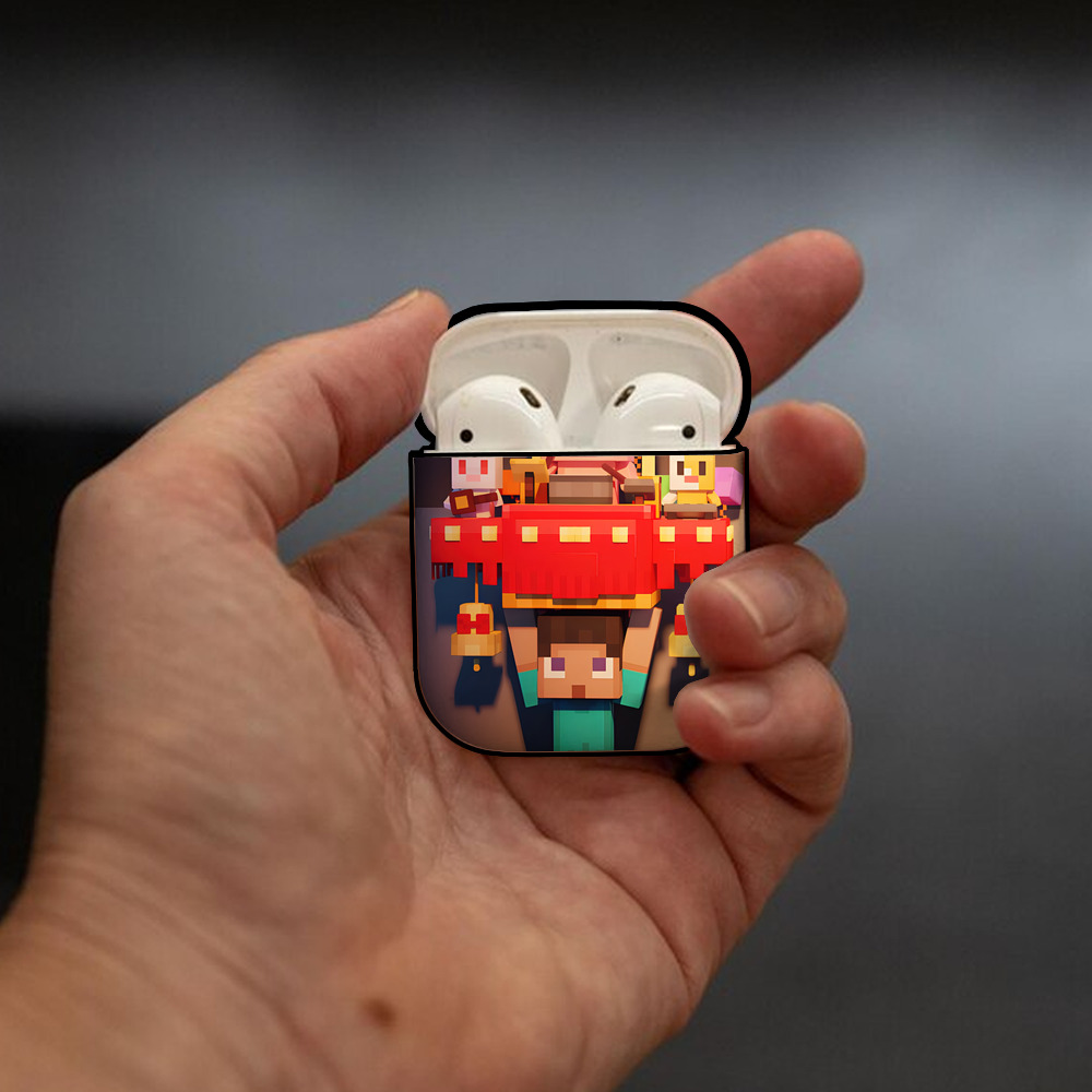 マインクラフト ブロックの世界 Minecraft MC Block world AirPods 第2世代保護ケース ハードシェル ブラック 耐衝撃・防指紋・カラビナ付き