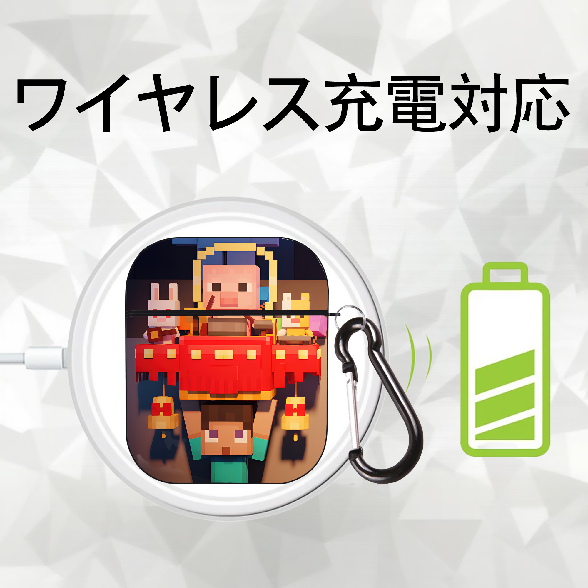 マインクラフト ブロックの世界 Minecraft MC Block world AirPods 第2世代保護ケース ハードシェル ブラック 耐衝撃・防指紋・カラビナ付き
