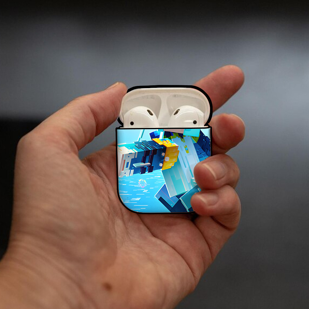 マインクラフト ブロックの世界 Minecraft MC Block world AirPods 第2世代保護ケース ハードシェル ブラック 耐衝撃・防指紋・カラビナ付き