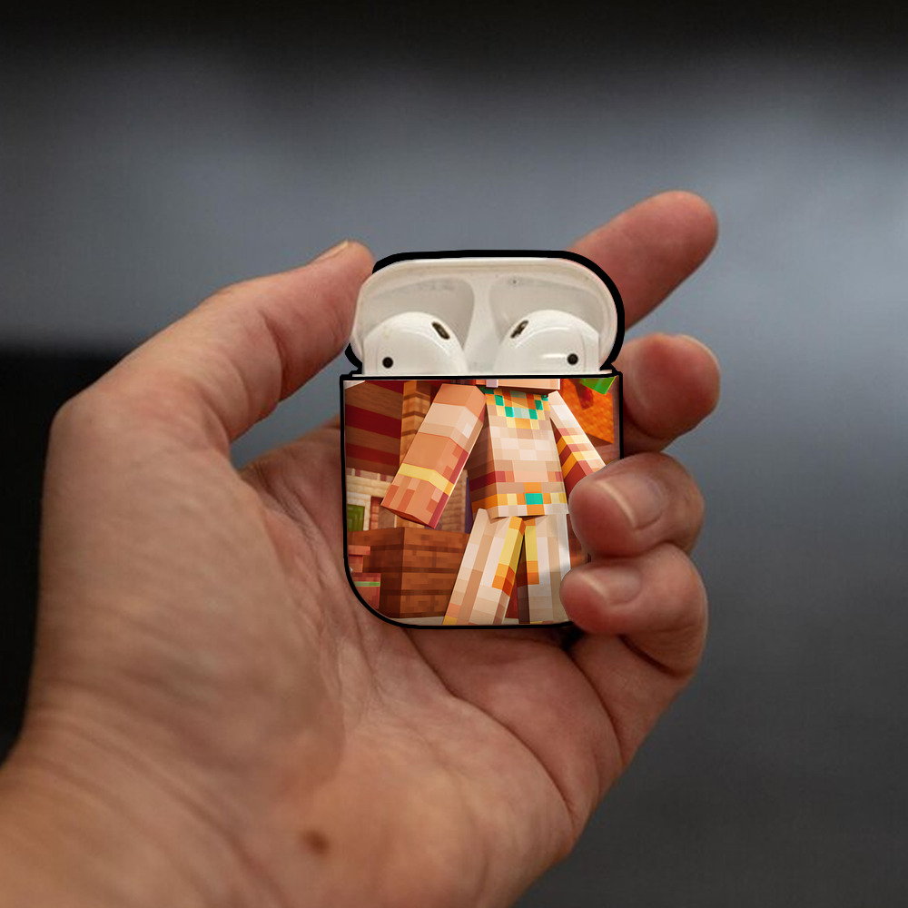 マインクラフト ブロックの世界 Minecraft MC Block world AirPods 第2世代保護ケース ハードシェル ブラック 耐衝撃・防指紋・カラビナ付き