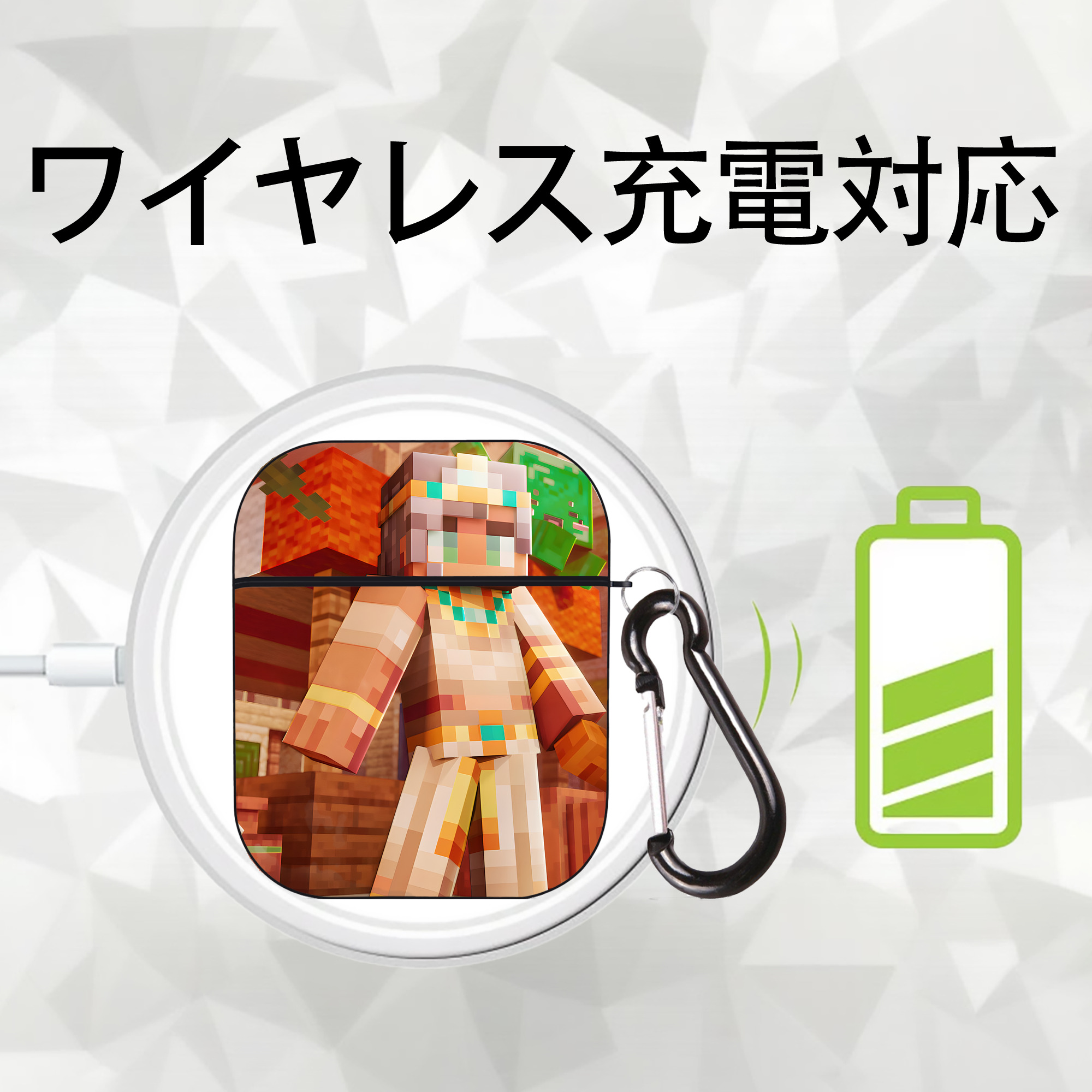 マインクラフト ブロックの世界 Minecraft MC Block world AirPods 第2世代保護ケース ハードシェル ブラック 耐衝撃・防指紋・カラビナ付き