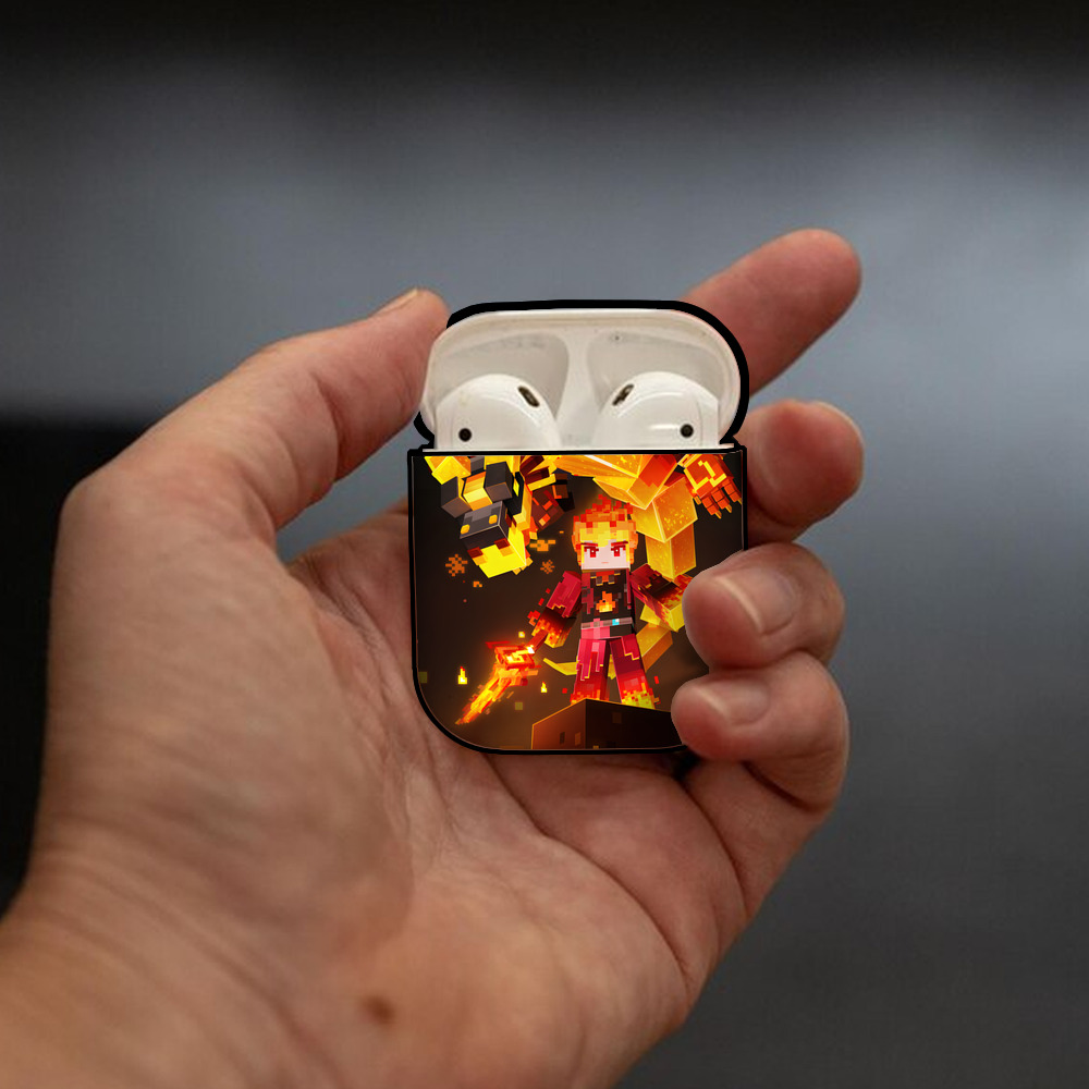 マインクラフト ブロックの世界 Minecraft MC Block world AirPods 第2世代保護ケース ハードシェル ブラック 耐衝撃・防指紋・カラビナ付き