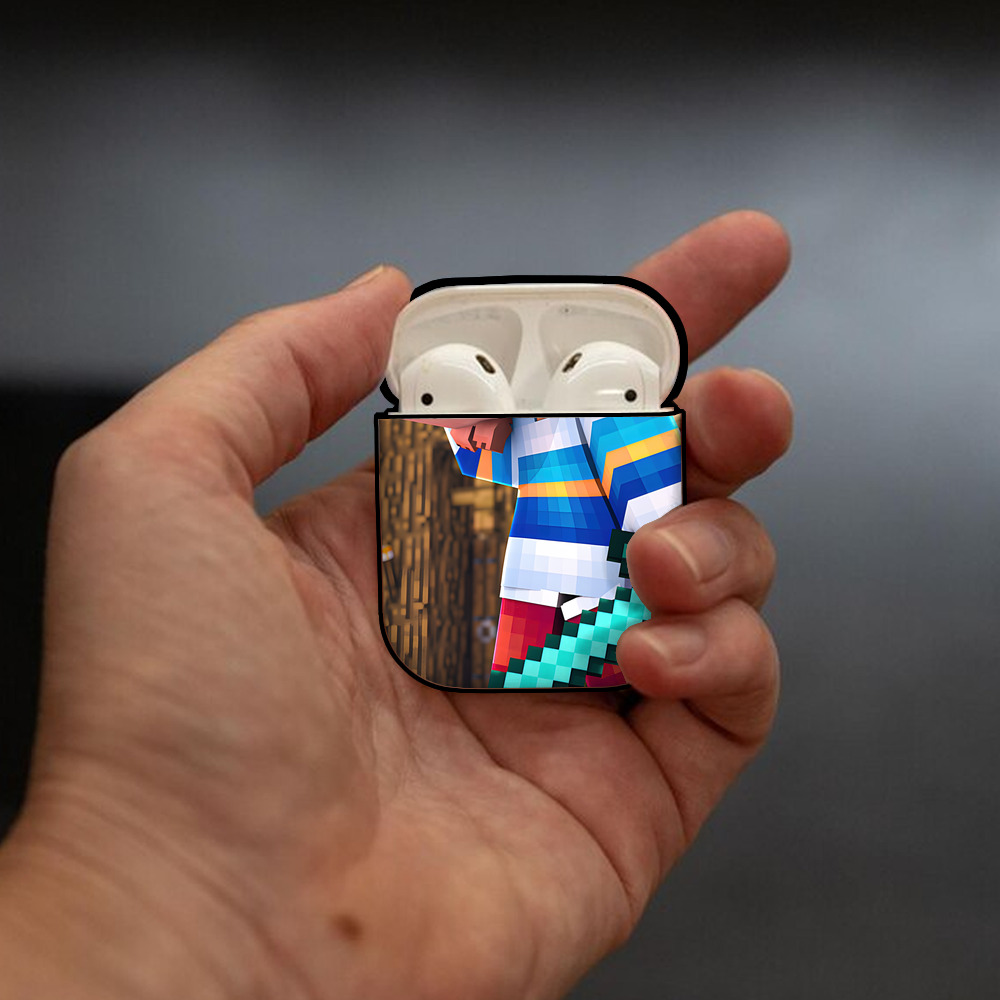 マインクラフト ブロックの世界 Minecraft MC Block world AirPods 第2世代保護ケース ハードシェル ブラック 耐衝撃・防指紋・カラビナ付き