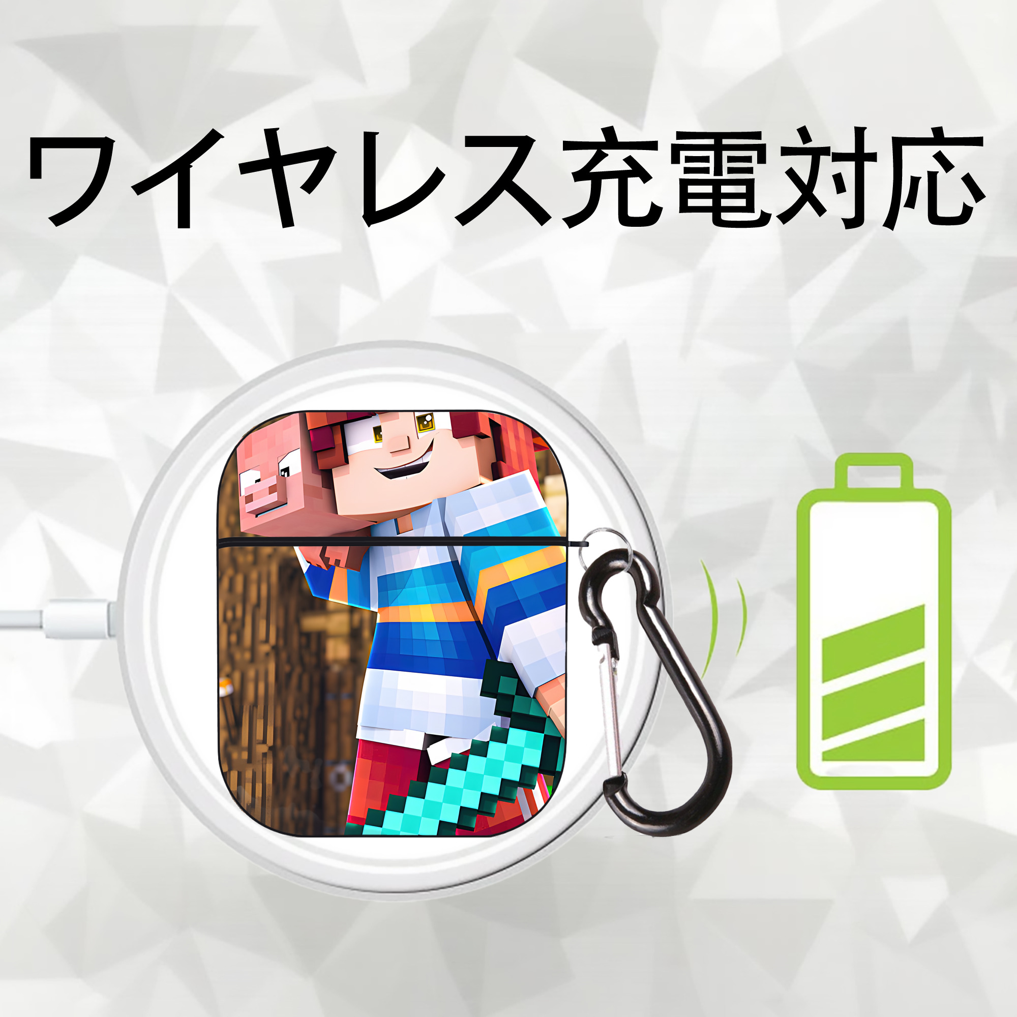 マインクラフト ブロックの世界 Minecraft MC Block world AirPods 第2世代保護ケース ハードシェル ブラック 耐衝撃・防指紋・カラビナ付き