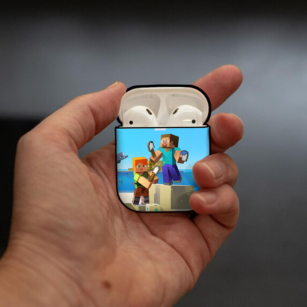 マインクラフト ブロックの世界 Minecraft MC Block world AirPods 第2世代保護ケース ハードシェル ブラック 耐衝撃・防指紋・カラビナ付き