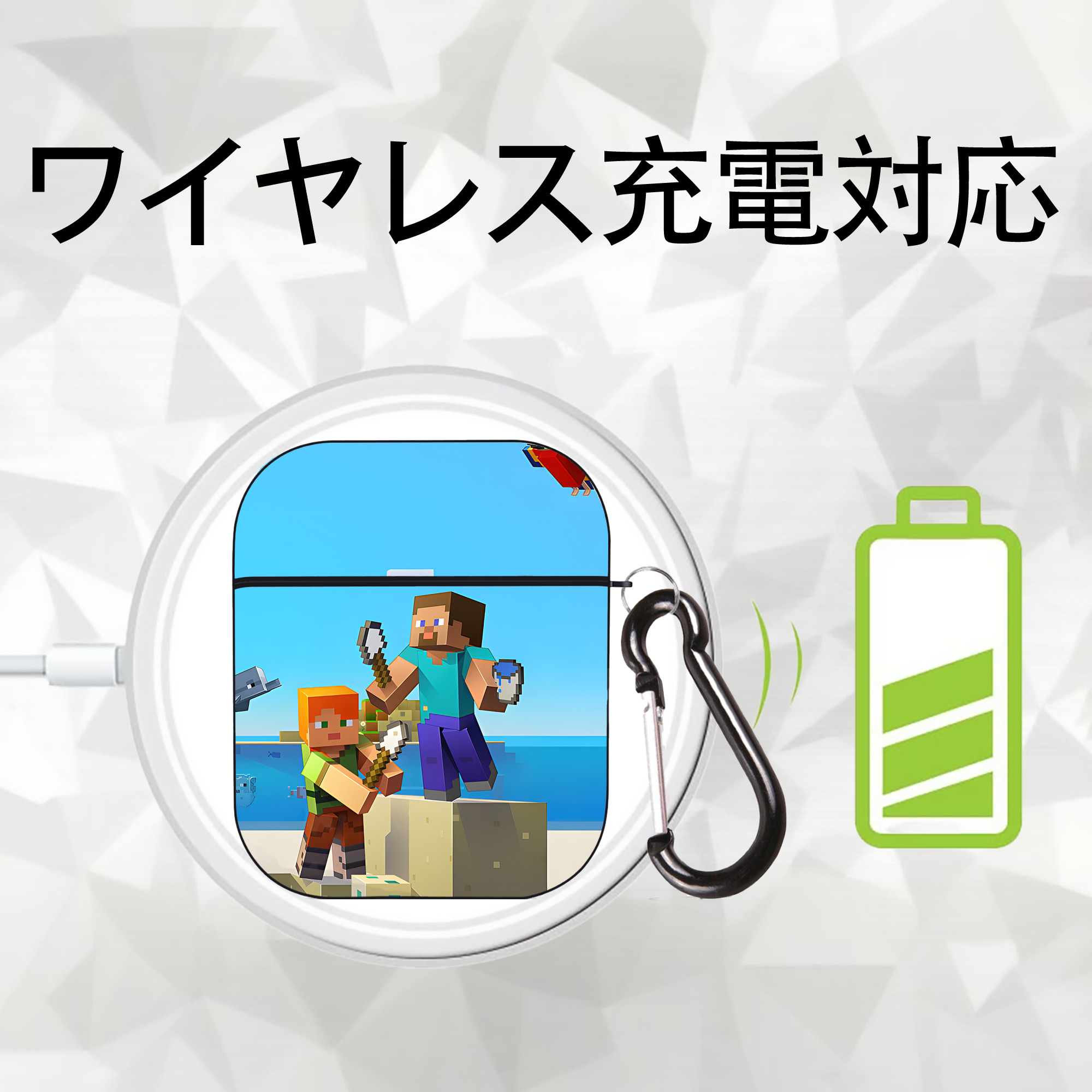 マインクラフト ブロックの世界 Minecraft MC Block world AirPods 第2世代保護ケース ハードシェル ブラック 耐衝撃・防指紋・カラビナ付き
