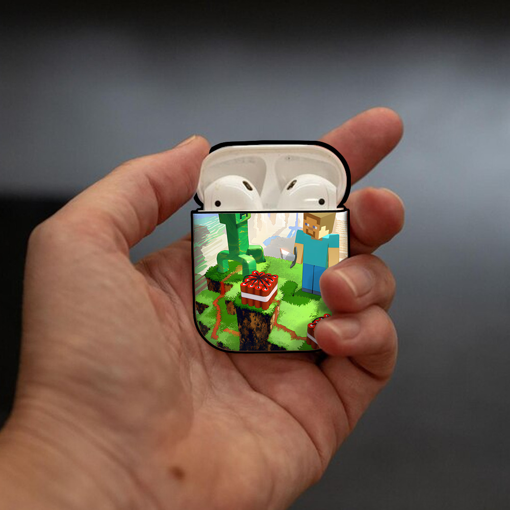 マインクラフト ブロックの世界 Minecraft MC Block world AirPods 第2世代保護ケース ハードシェル ブラック 耐衝撃・防指紋・カラビナ付き