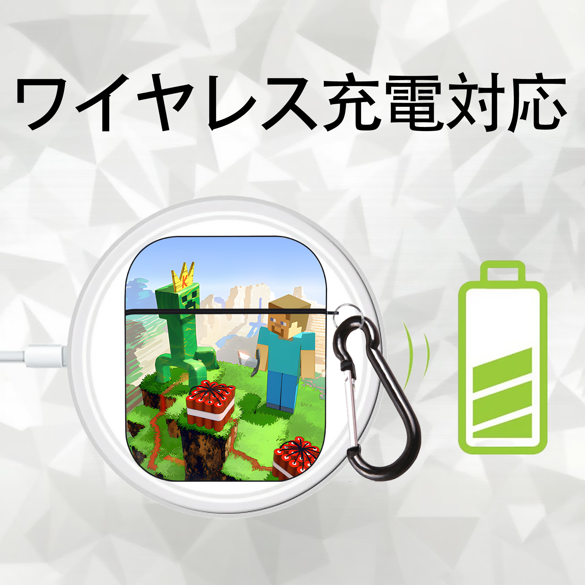 マインクラフト ブロックの世界 Minecraft MC Block world AirPods 第2世代保護ケース ハードシェル ブラック 耐衝撃・防指紋・カラビナ付き