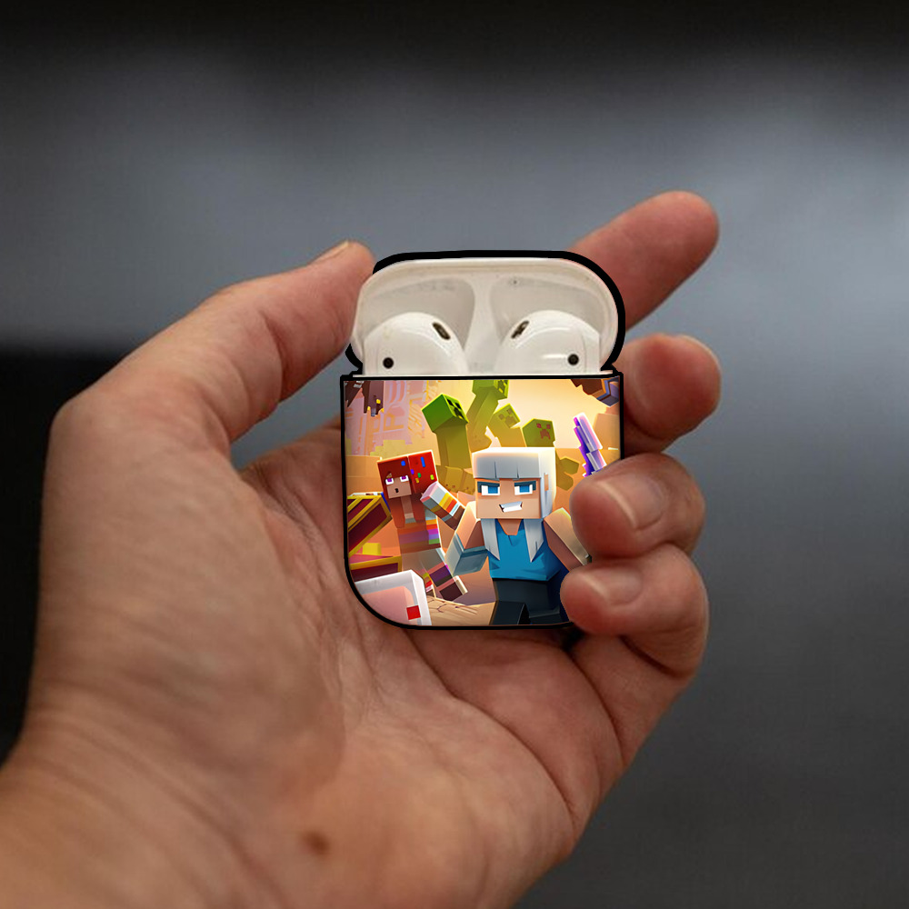 マインクラフト ブロックの世界 Minecraft MC Block world AirPods 第2世代保護ケース ハードシェル ブラック 耐衝撃・防指紋・カラビナ付き
