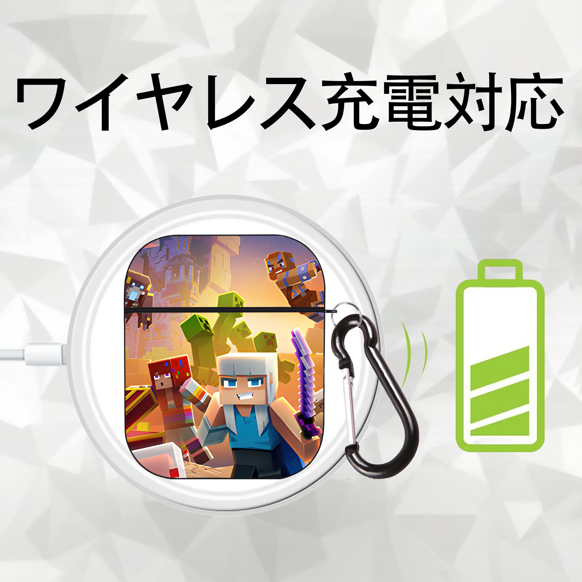 マインクラフト ブロックの世界 Minecraft MC Block world AirPods 第2世代保護ケース ハードシェル ブラック 耐衝撃・防指紋・カラビナ付き