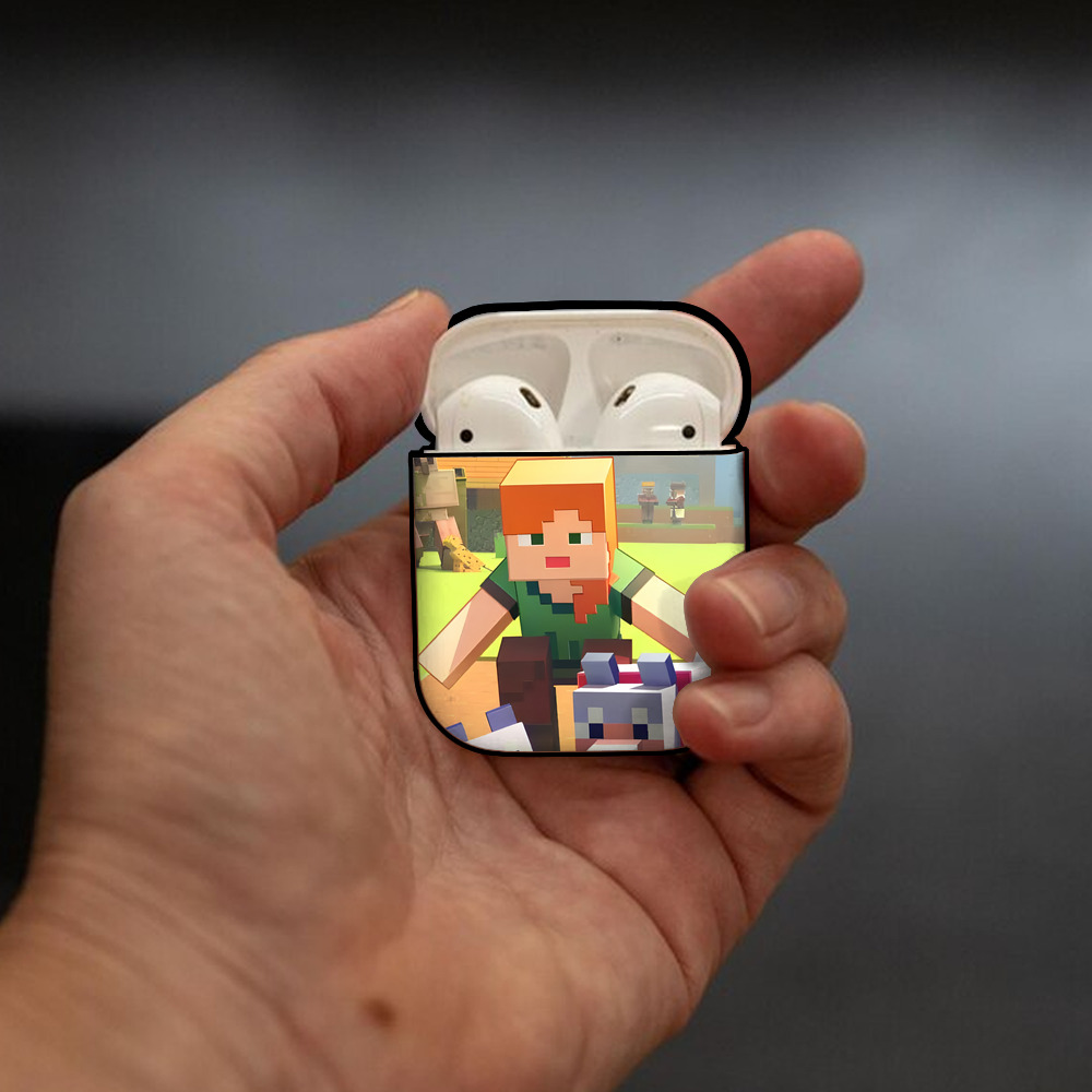 マインクラフト ブロックの世界 Minecraft MC Block world AirPods 第2世代保護ケース ハードシェル ブラック 耐衝撃・防指紋・カラビナ付き