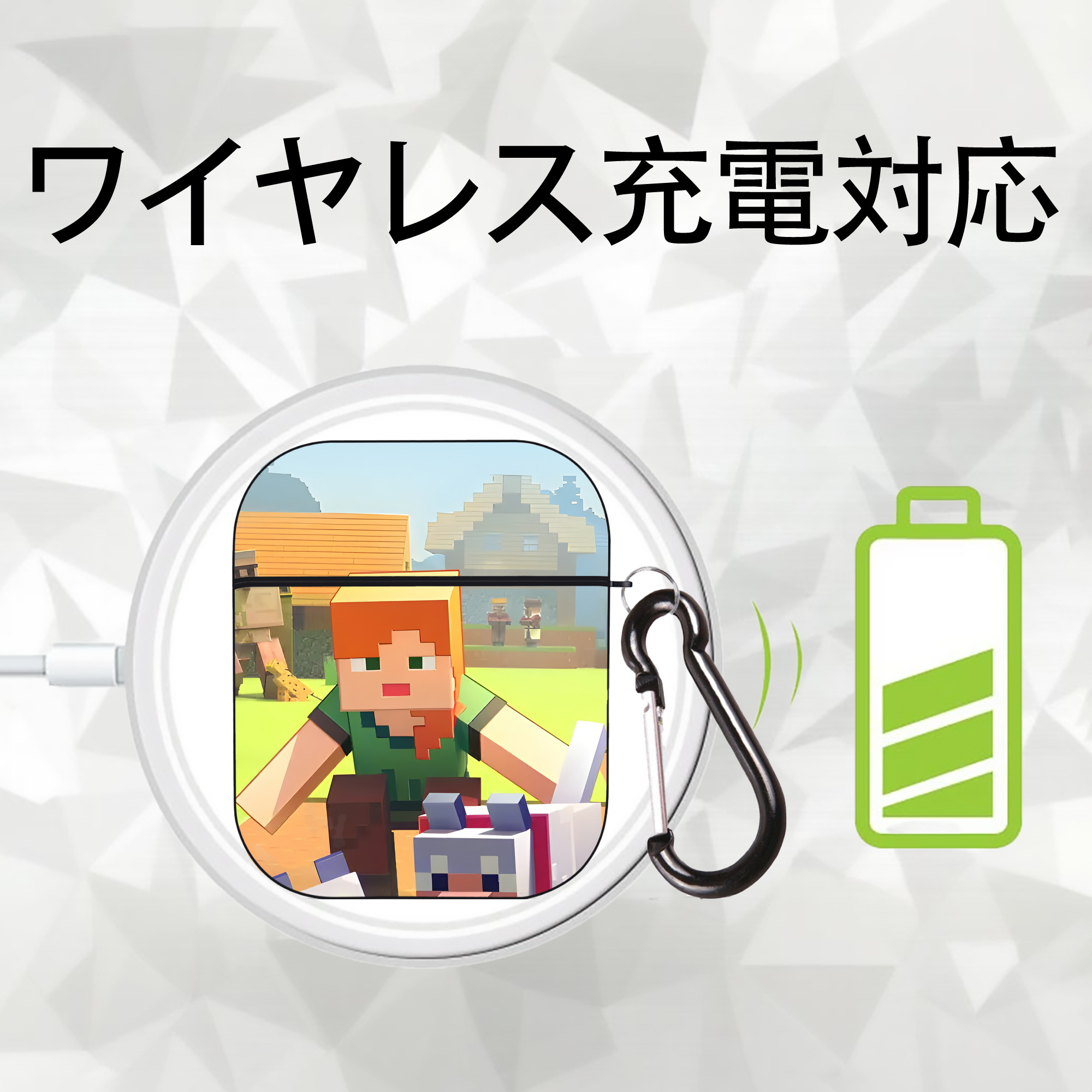 マインクラフト ブロックの世界 Minecraft MC Block world AirPods 第2世代保護ケース ハードシェル ブラック 耐衝撃・防指紋・カラビナ付き