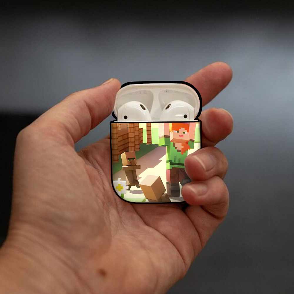 マインクラフト ブロックの世界 Minecraft MC Block world AirPods 第2世代保護ケース ハードシェル ブラック 耐衝撃・防指紋・カラビナ付き