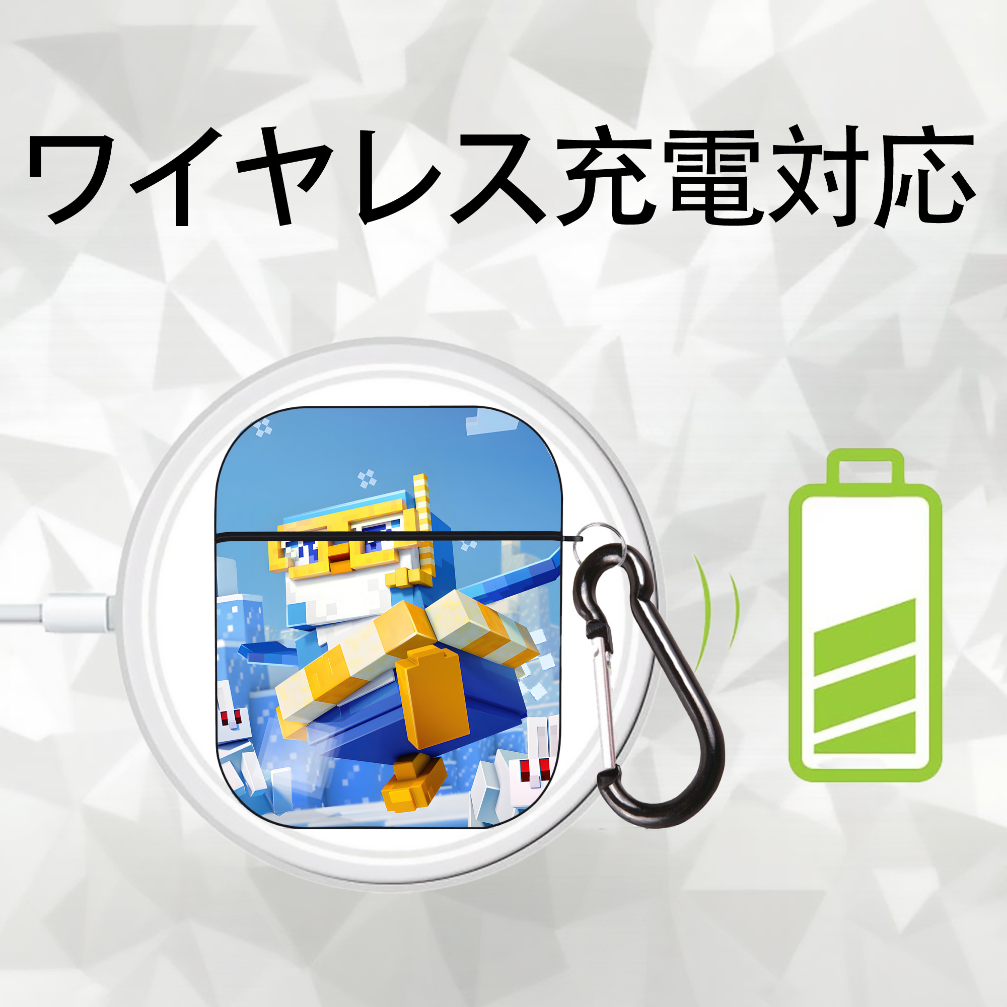 マインクラフト ブロックの世界 Minecraft MC Block world AirPods 第2世代保護ケース ハードシェル ブラック 耐衝撃・防指紋・カラビナ付き