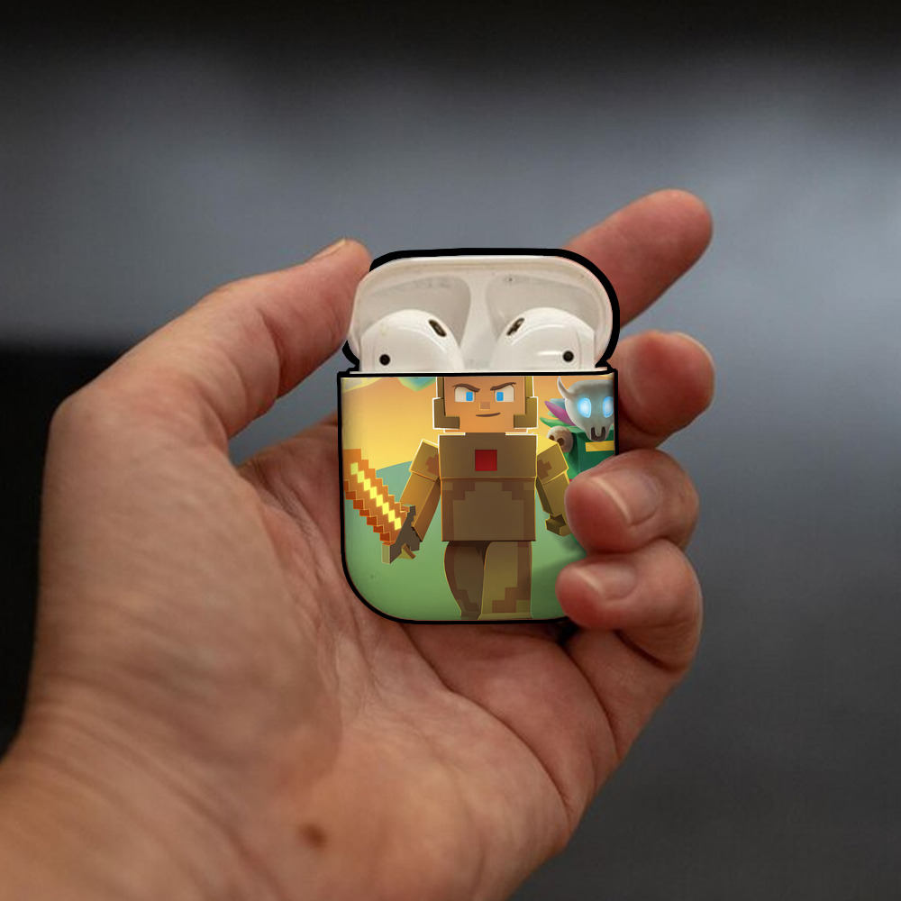 マインクラフト ブロックの世界 Minecraft MC Block world AirPods 第2世代保護ケース ハードシェル ブラック 耐衝撃・防指紋・カラビナ付き