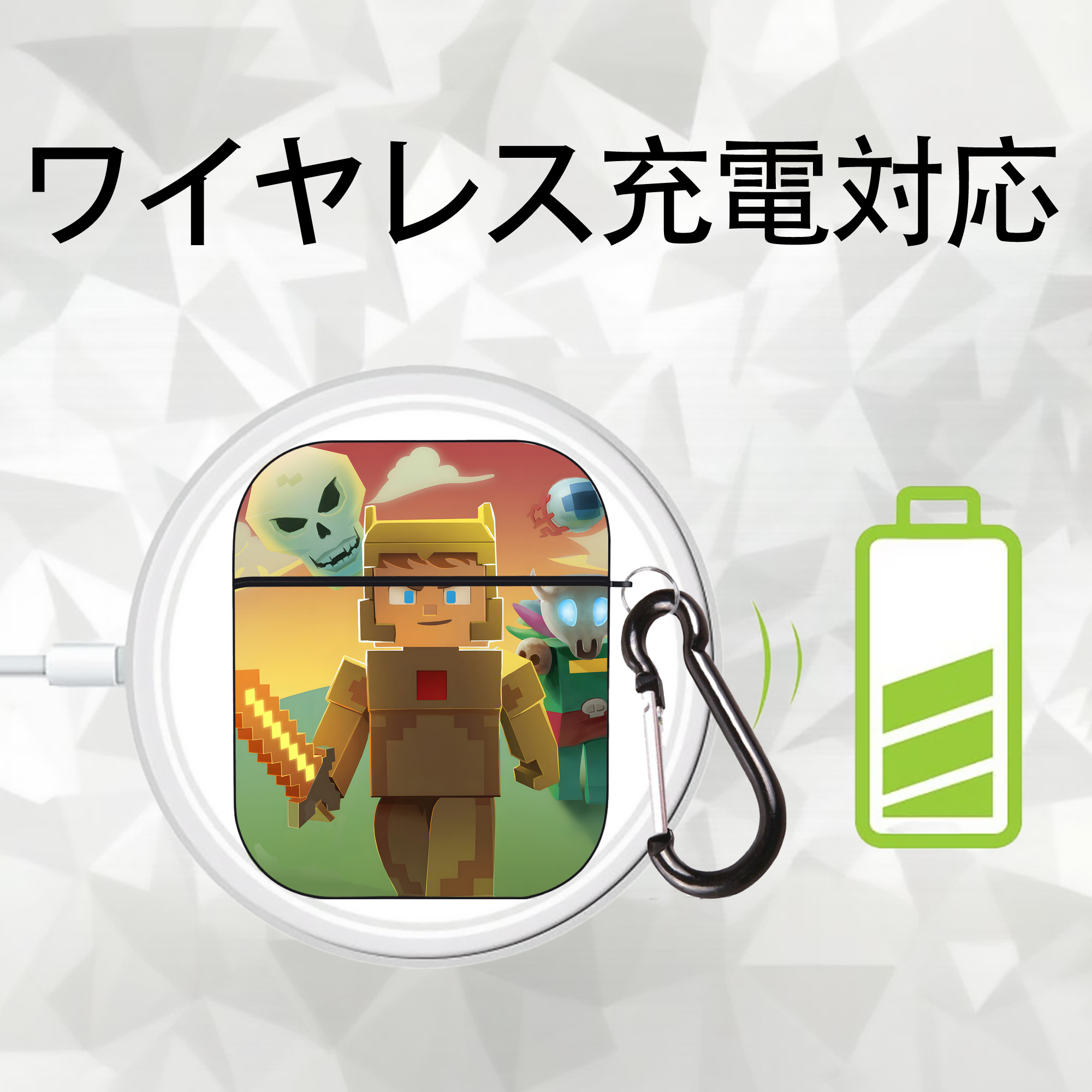 マインクラフト ブロックの世界 Minecraft MC Block world AirPods 第2世代保護ケース ハードシェル ブラック 耐衝撃・防指紋・カラビナ付き