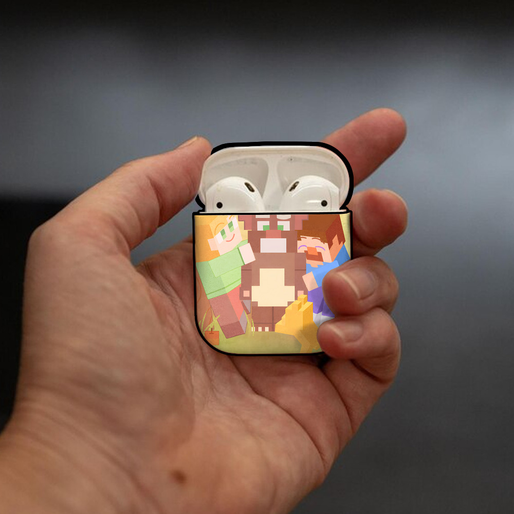 マインクラフト ブロックの世界 Minecraft MC Block world AirPods 第2世代保護ケース ハードシェル ブラック 耐衝撃・防指紋・カラビナ付き