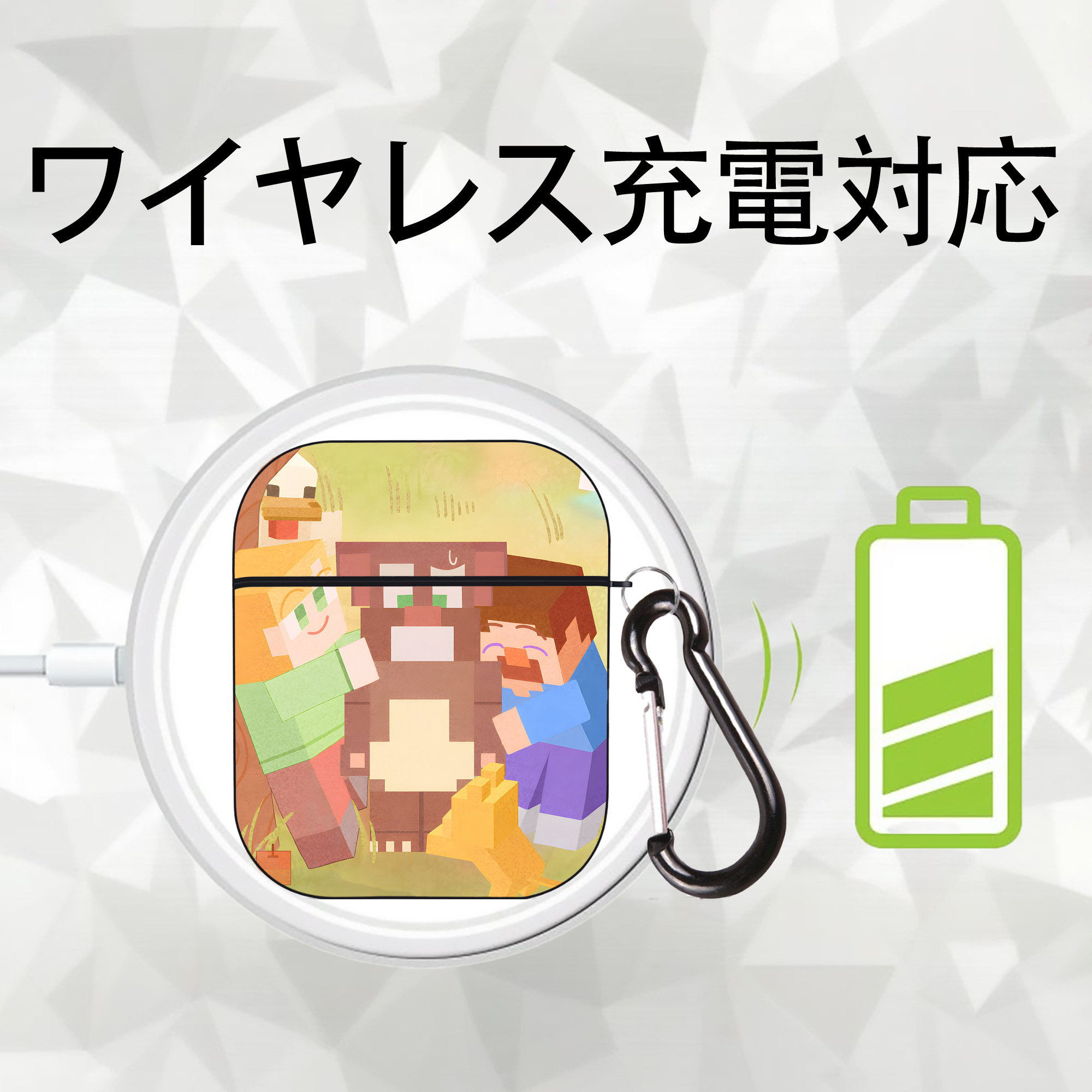 マインクラフト ブロックの世界 Minecraft MC Block world AirPods 第2世代保護ケース ハードシェル ブラック 耐衝撃・防指紋・カラビナ付き