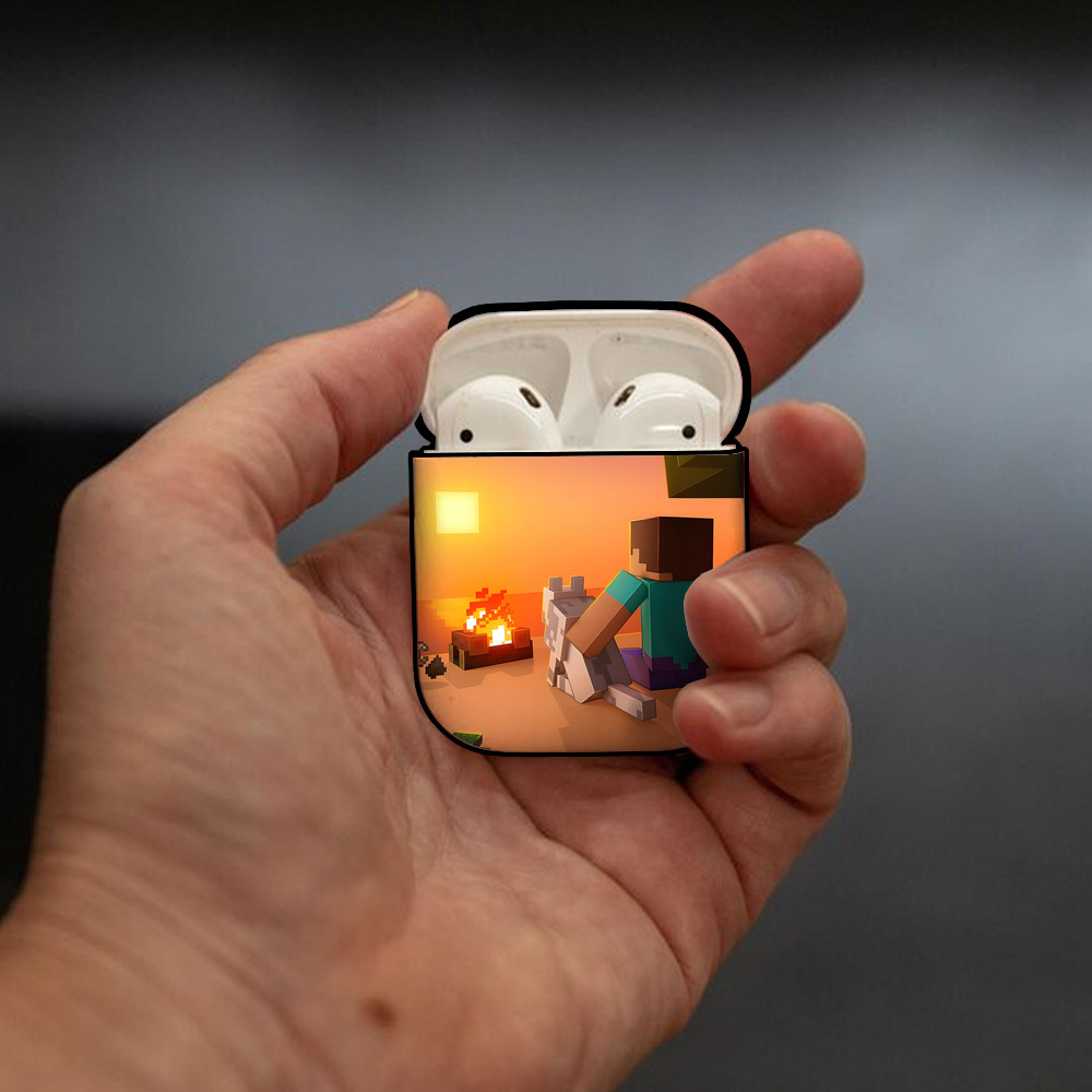 マインクラフト ブロックの世界 Minecraft MC Block world AirPods 第2世代保護ケース ハードシェル ブラック 耐衝撃・防指紋・カラビナ付き